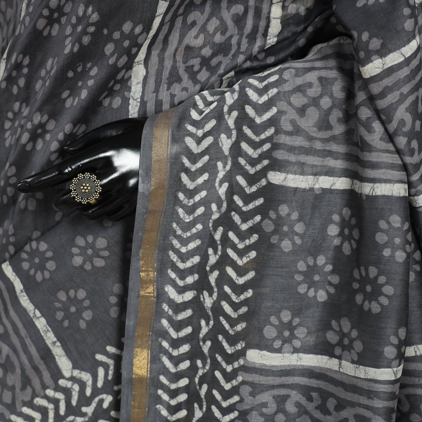 Block Print Chanderi Silk Bagru Saree with Zari Border