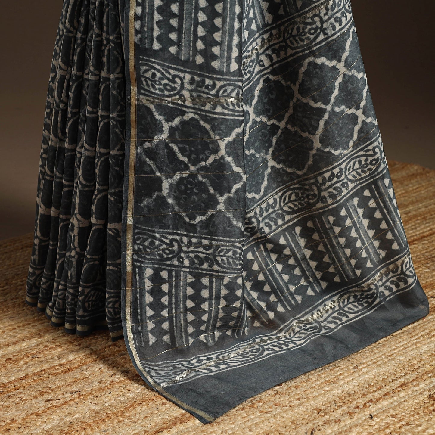 Grey - Chanderi Silk Hand Block Print Bagru Saree with Zari Border 21