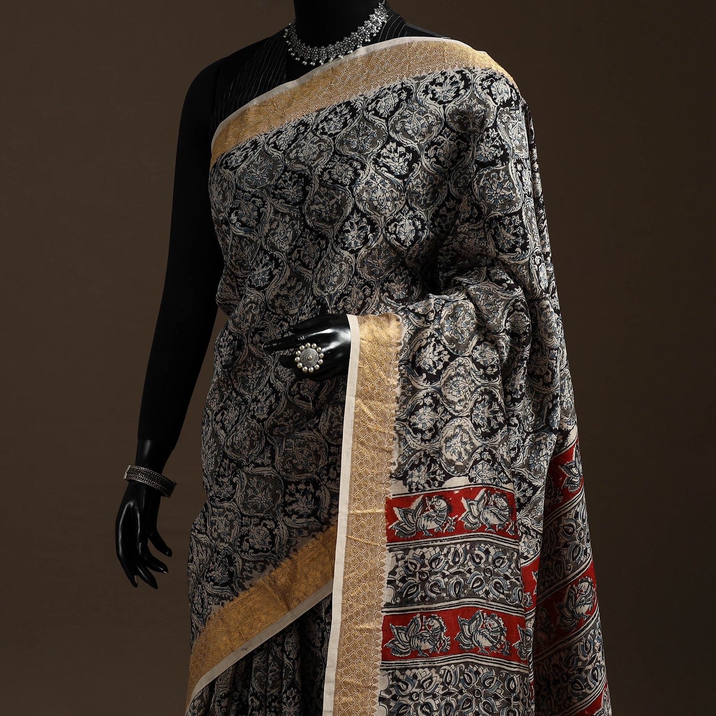 Black - natural dyed pedana chanderi silk kalamkari saree