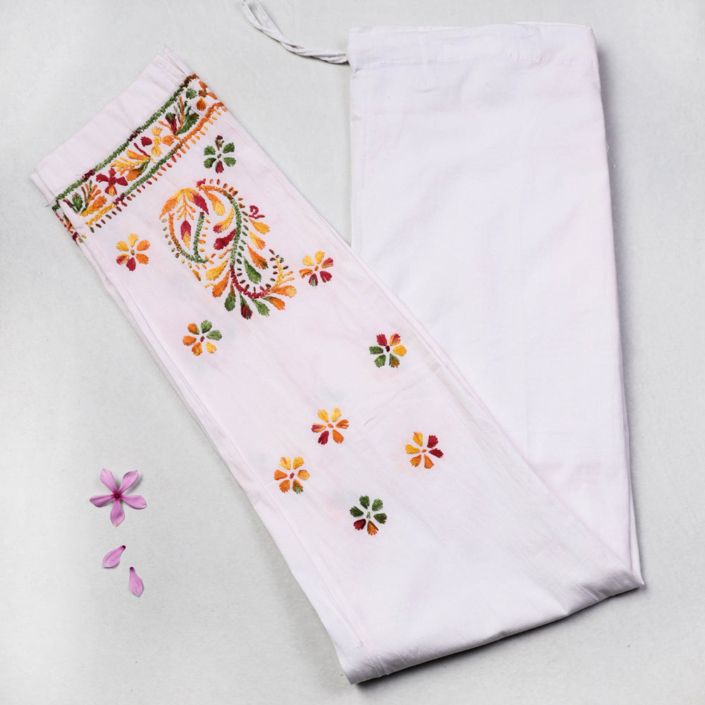 Chikankari Hand Embroidery Cotton Lycra Cropped Pant (Free Size)