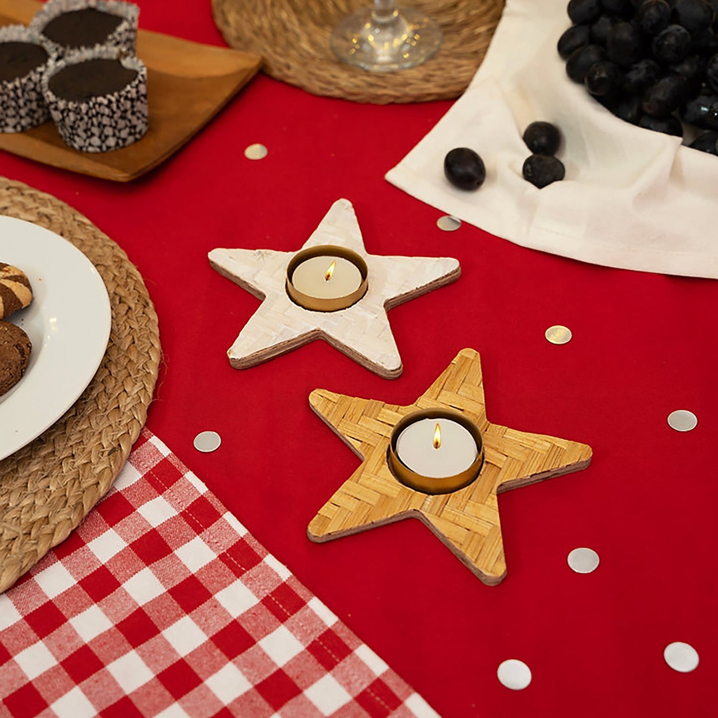 Christmas decor bamboo star tea light holder (set of 2)