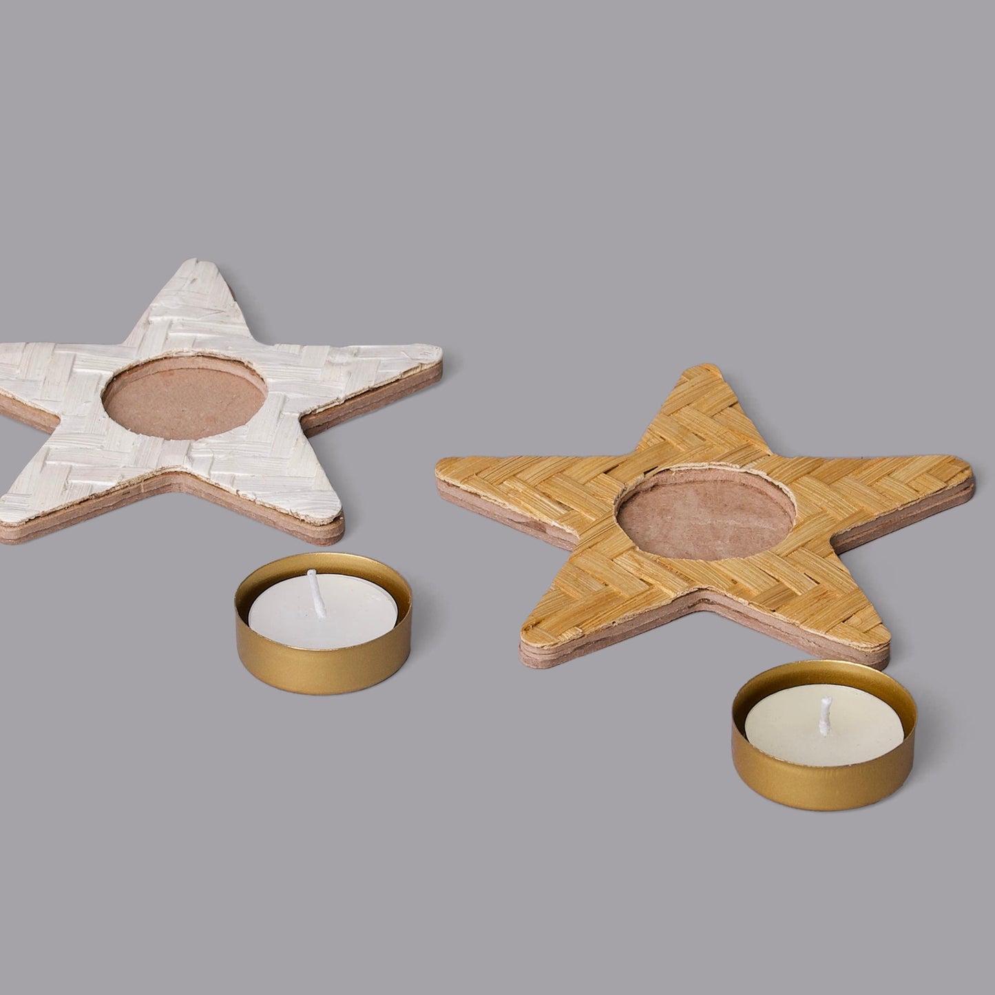 Christmas decor bamboo star tea light holder (set of 2)