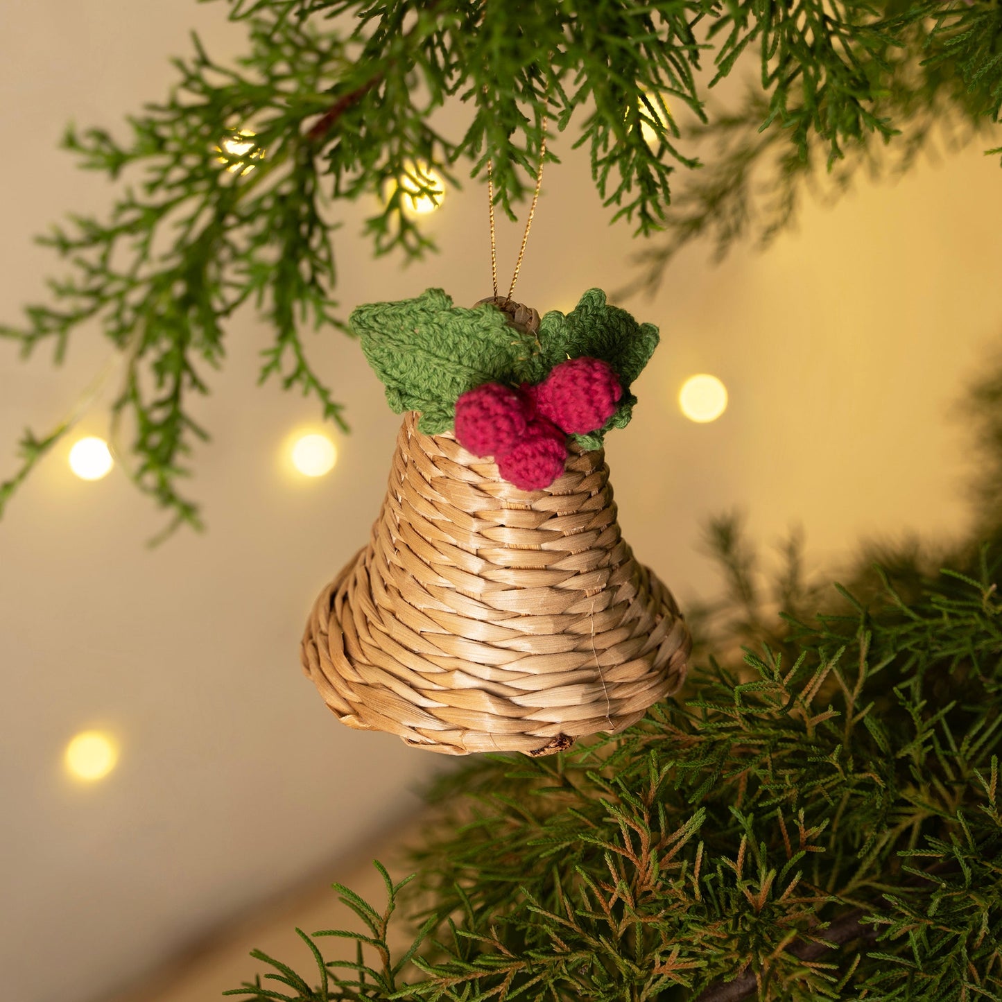 Christmas decor banana bark holly bell hanging - handcrafted