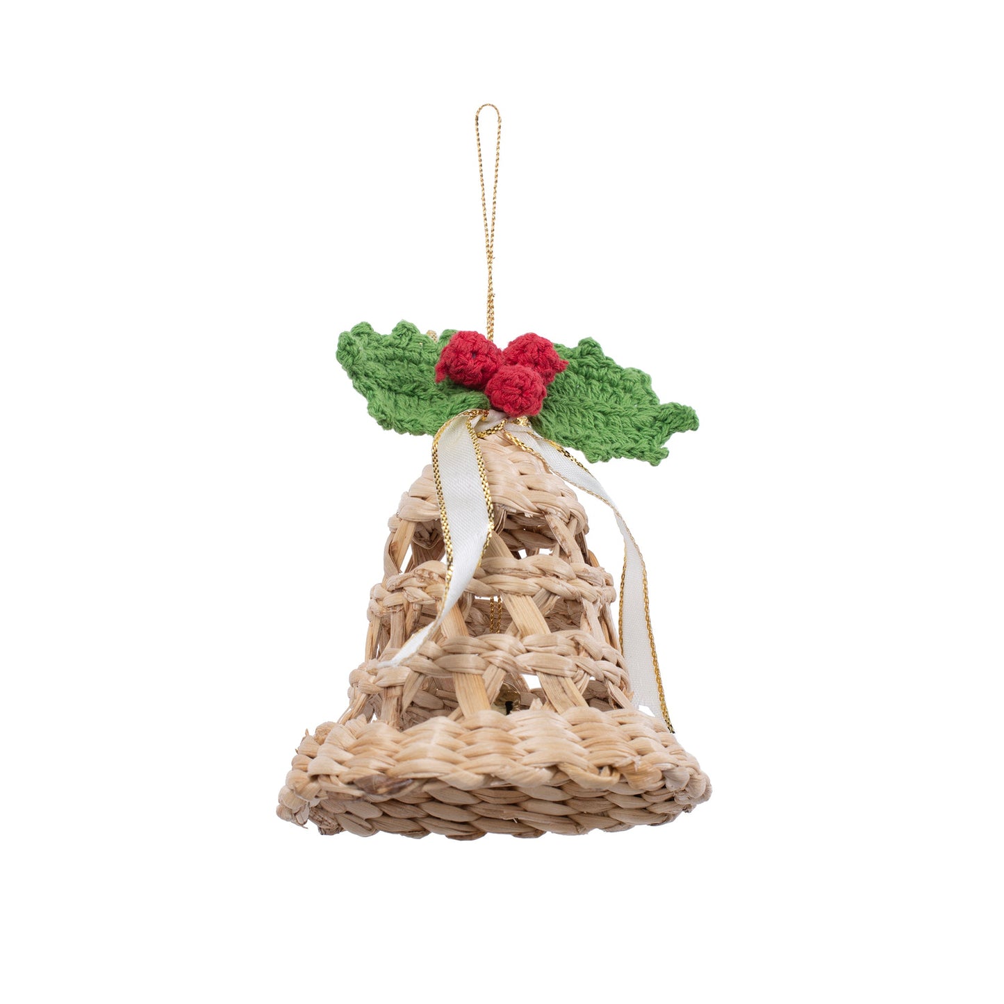 Christmas decor banana bark holly bell hanging - handcrafted