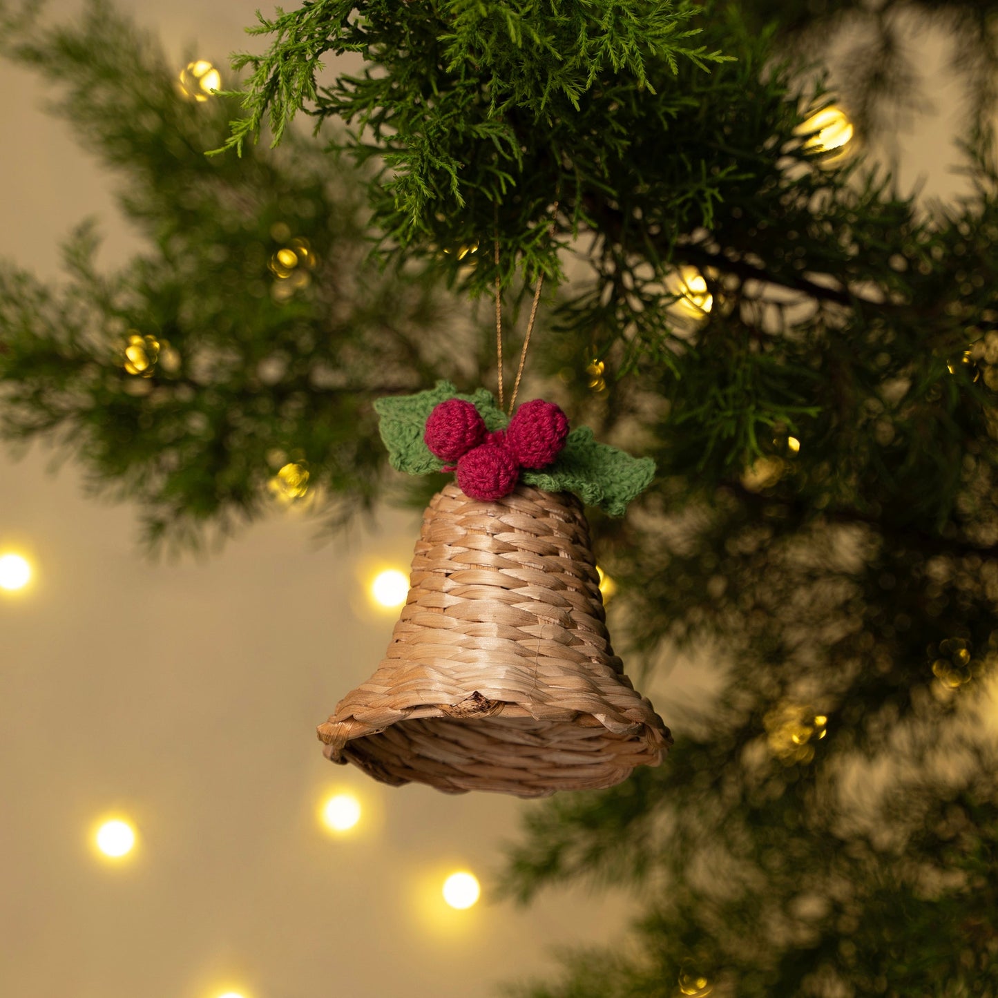 Christmas decor banana bark holly bell hanging - handcrafted