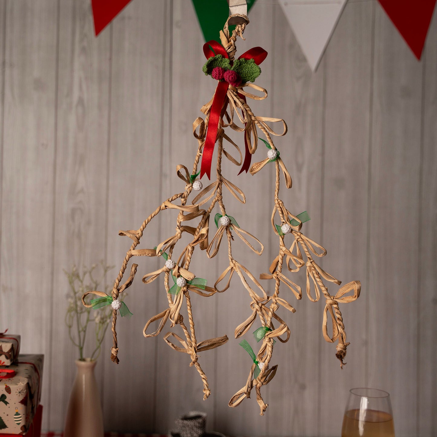 Christmas decor banana rope mistletoe hanging - handcrafted