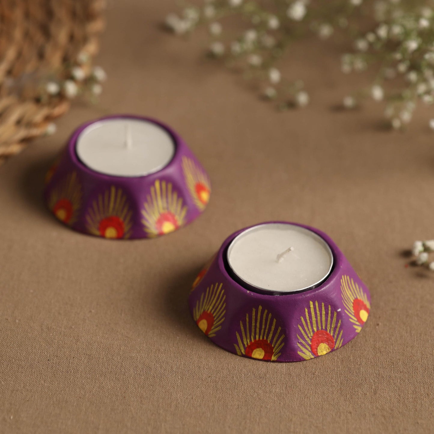 Hexagon - Handpainted Clay Candle Holders (Set of 2) Online in India l iTokri.com