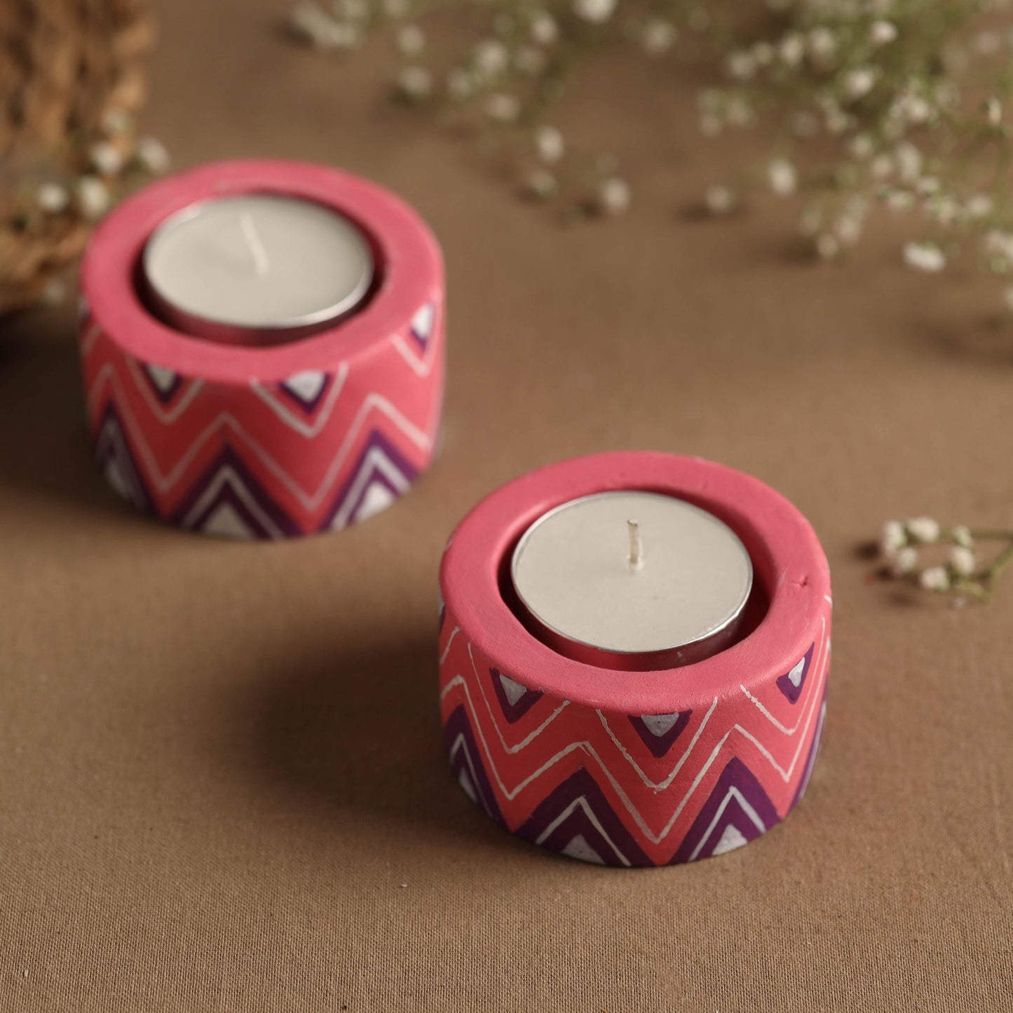 Circle - Handpainted Clay Candle Holders (Set of 2) Online in India l iTokri.com