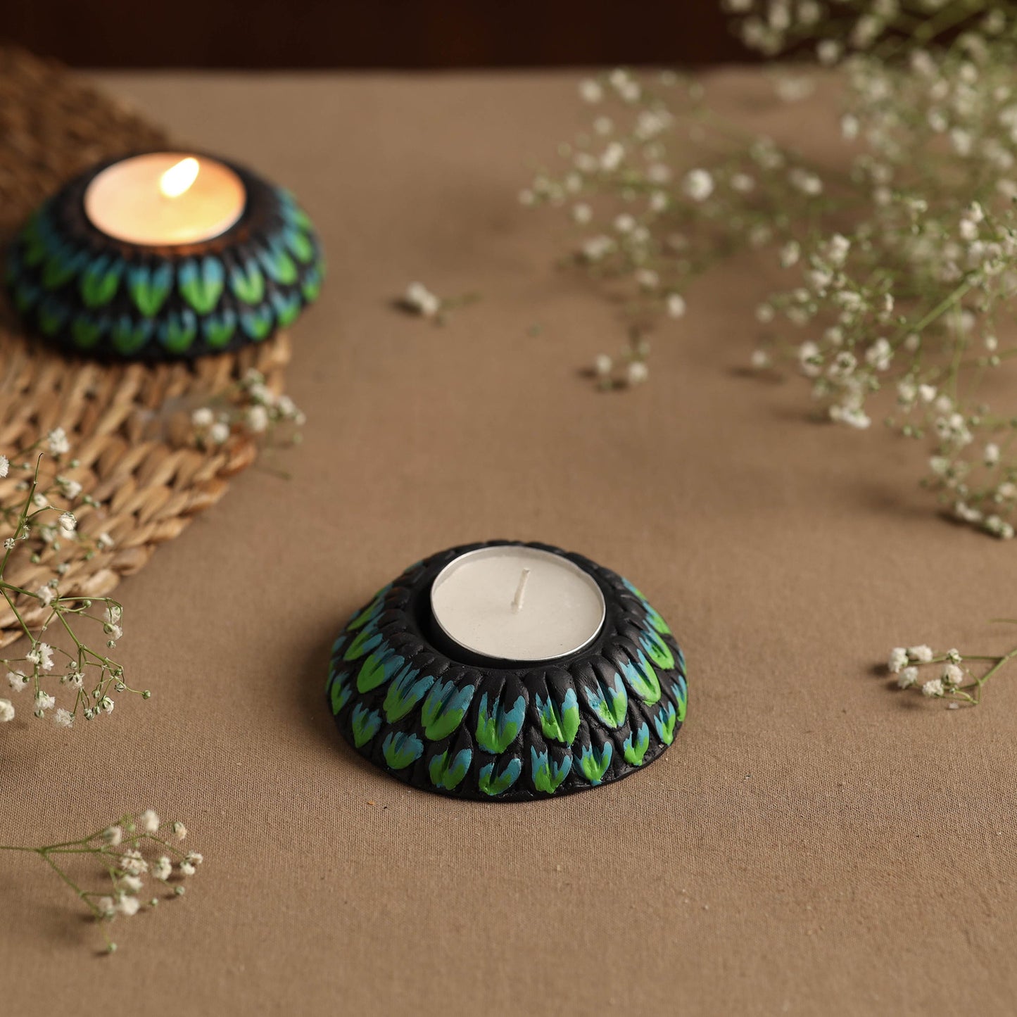 Circle - Handpainted Clay Candle Holders (Set of 2) Online in India l iTokri.com