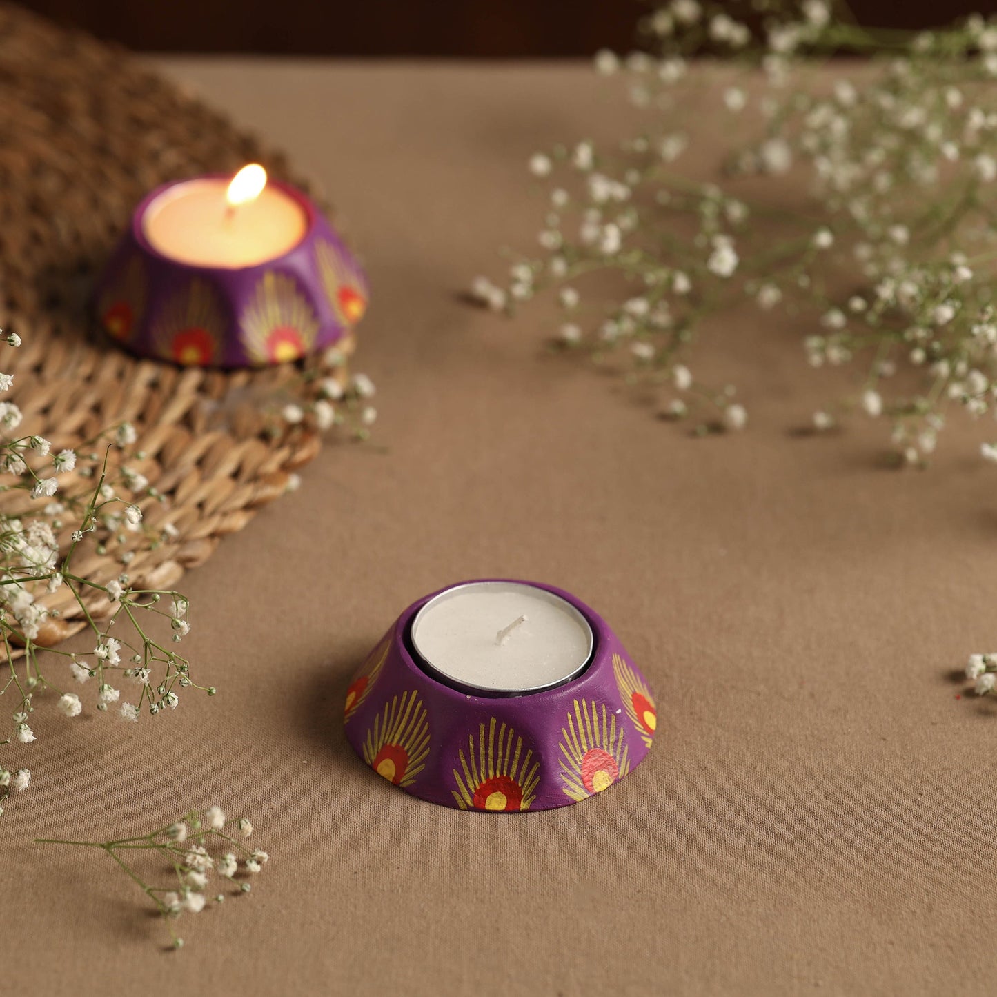 Hexagon - Handpainted Clay Candle Holders (Set of 2) Online in India l iTokri.com