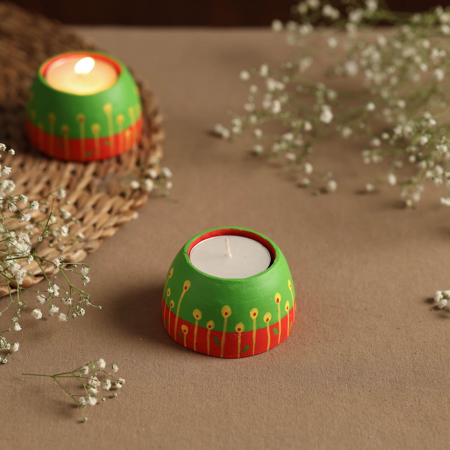 Circle - Handpainted Clay Candle Holders (Set of 2) Online in India l iTokri.com