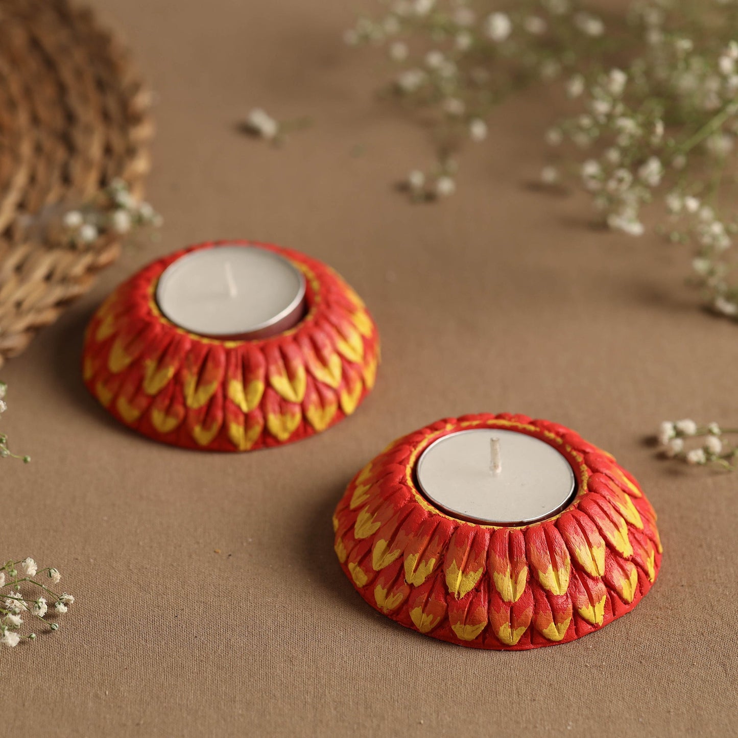 Circle - Handpainted Clay Candle Holders (Set of 2) Online in India l iTokri.com