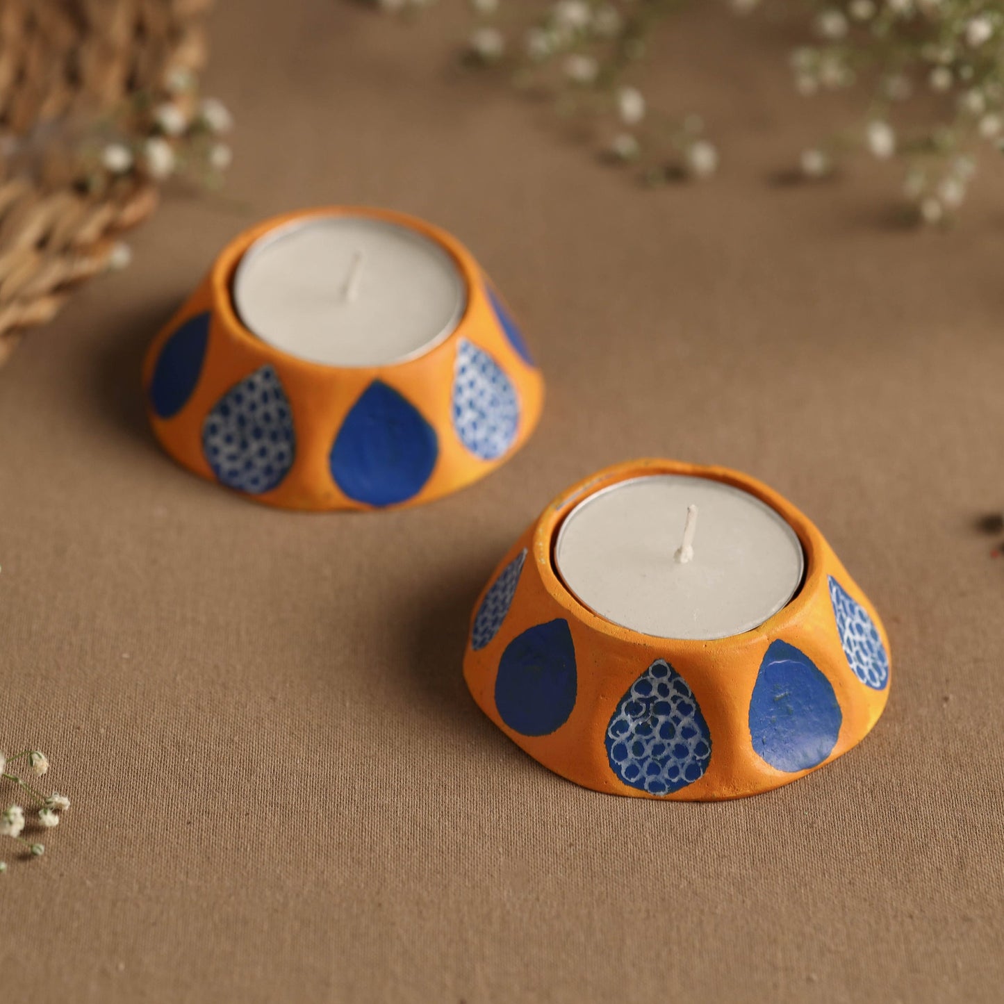 Hexagon - Handpainted Clay Candle Holders (Set of 2) Online in India l iTokri.com