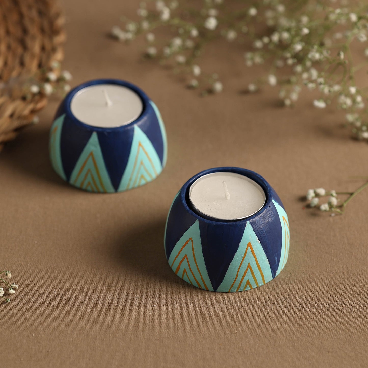 Circle - Handpainted Clay Candle Holders (Set of 2) Online in India l iTokri.com