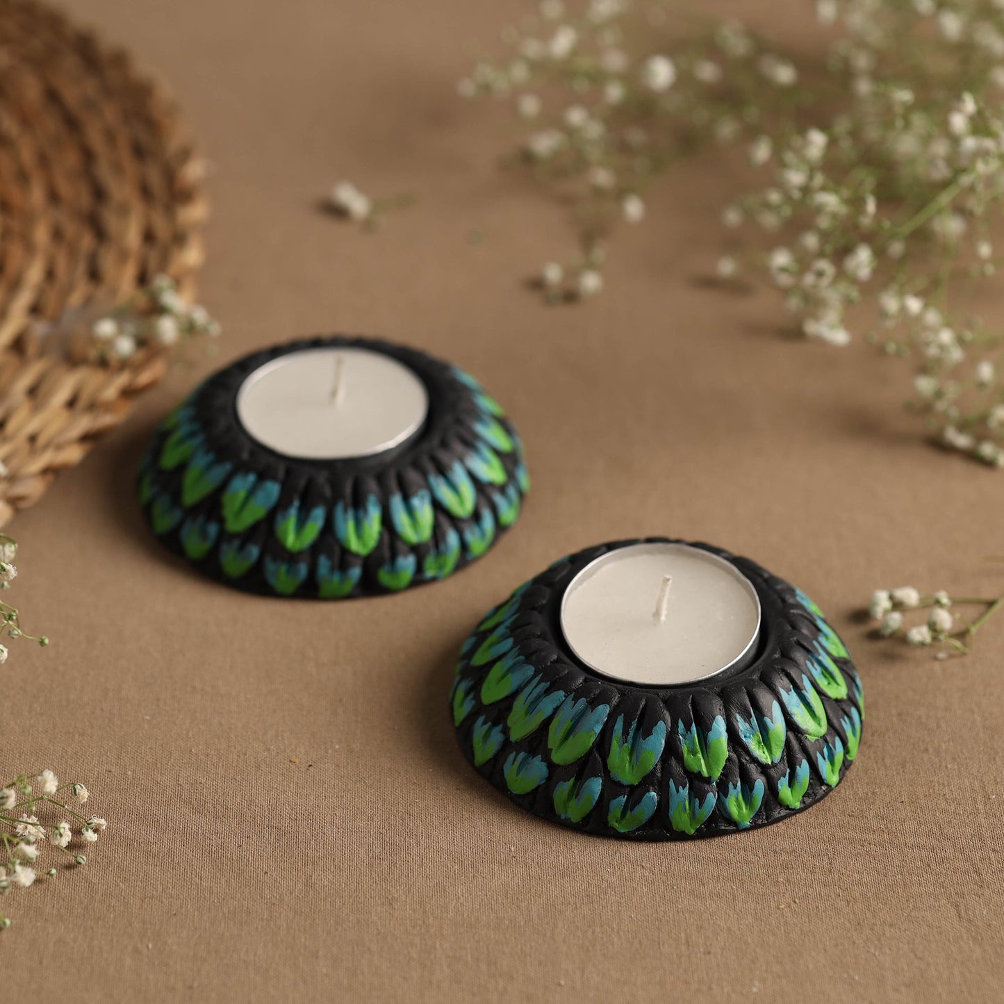 Circle - Handpainted Clay Candle Holders (Set of 2) Online in India l iTokri.com