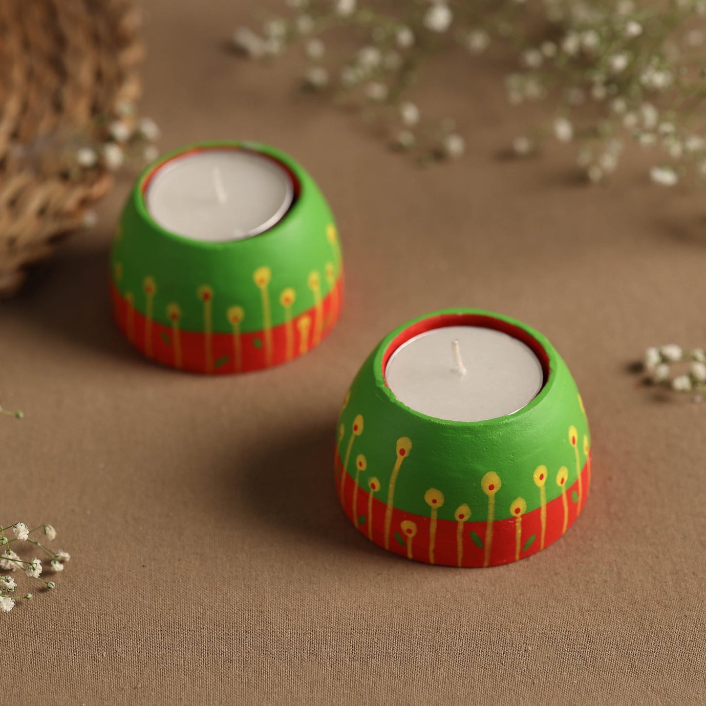 Circle - Handpainted Clay Candle Holders (Set of 2) Online in India l iTokri.com