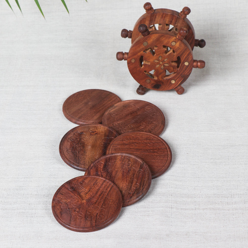 Coaster with Wheel Stand (Set of 6) - Handcrafted with Sheesham Wood Online at iTokri.com