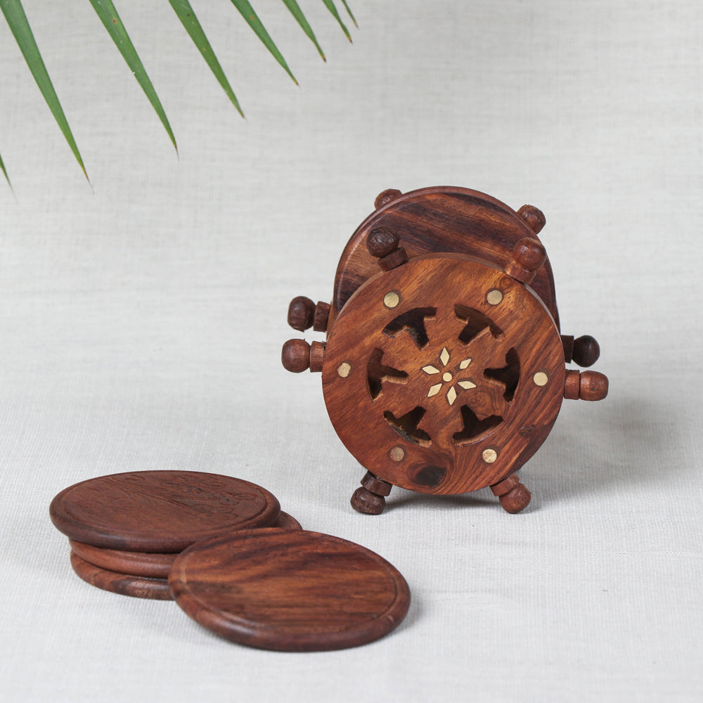 Coaster with Wheel Stand (Set of 6) - Handcrafted with Sheesham Wood Online at iTokri.com