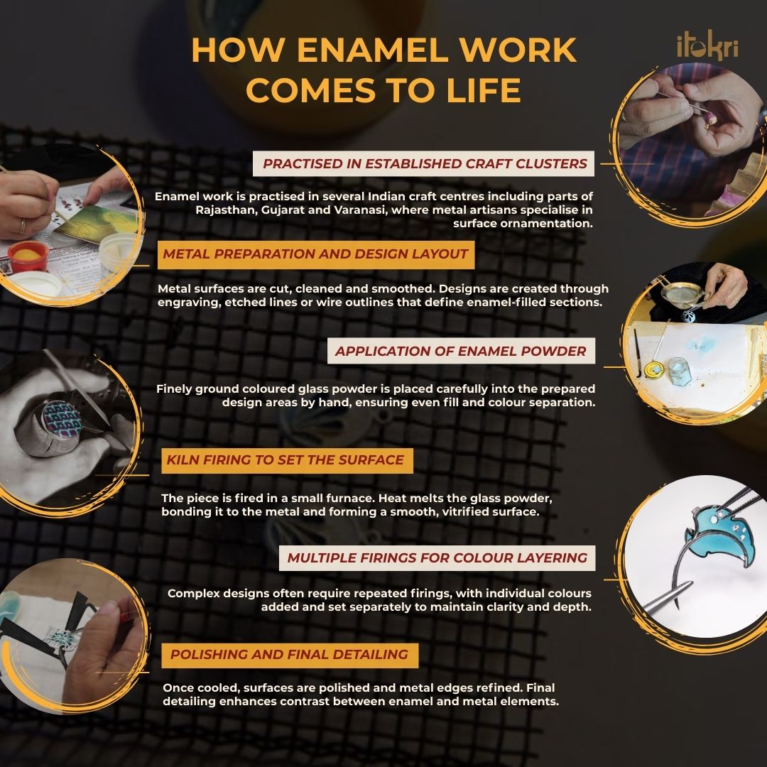 Copper hand-hammered enamel work agarbatti stand 02