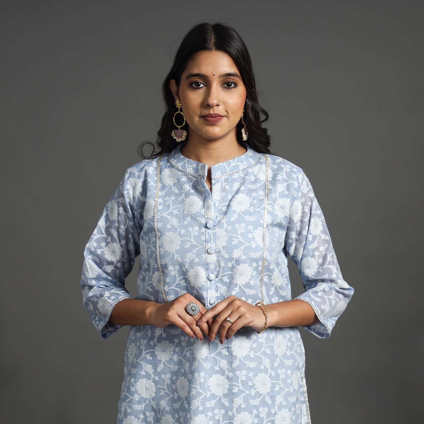 Blue Handwoven Cutwork Cotton Banarasi Kurta
