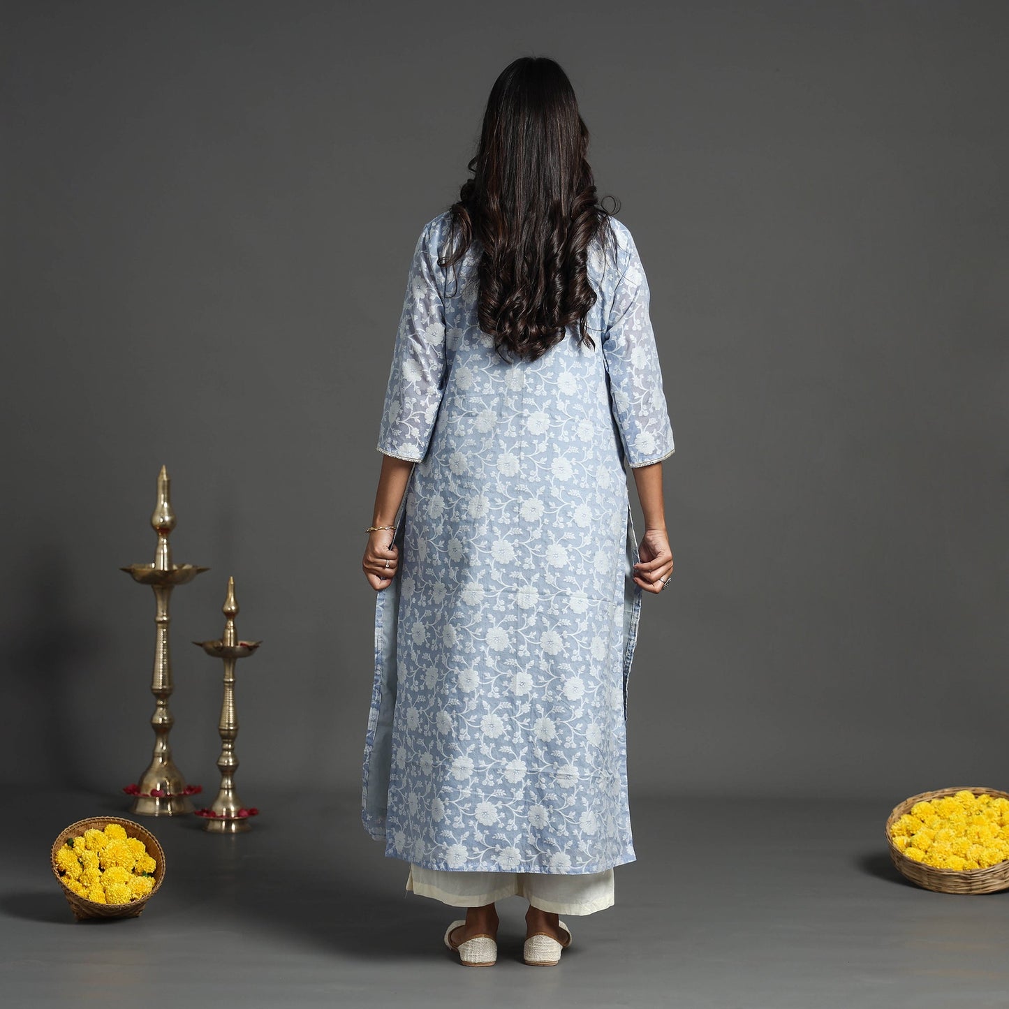 Blue Handwoven Cutwork Cotton Banarasi Kurta