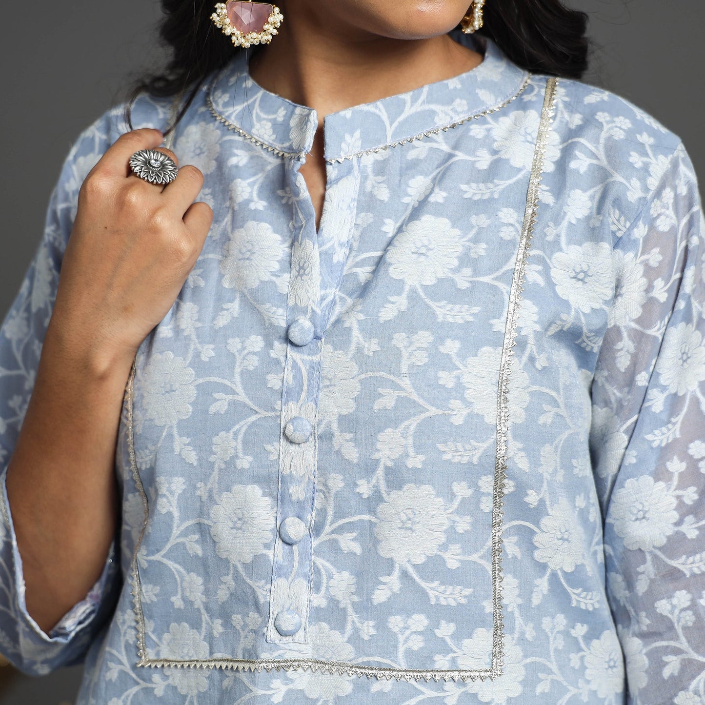 Blue Handwoven Cutwork Cotton Banarasi Kurta