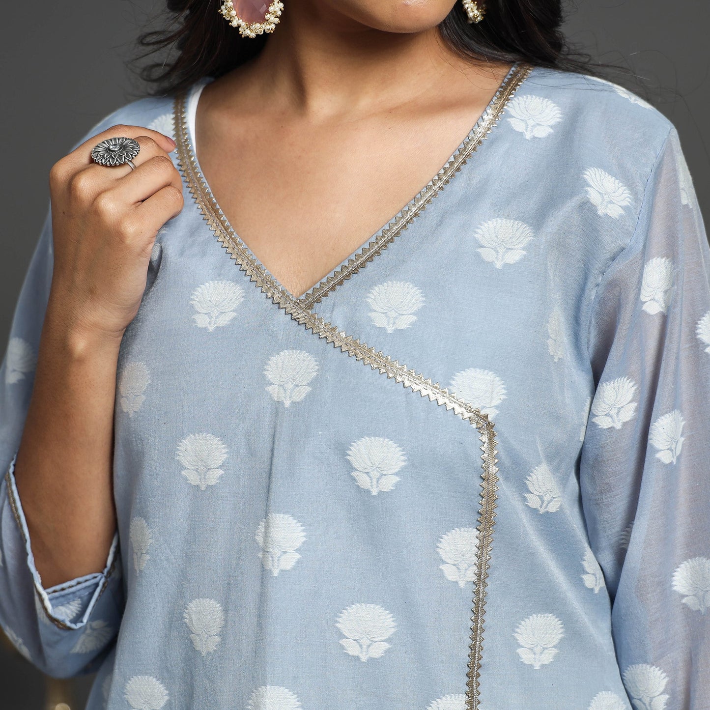Blue Handwoven Cutwork Cotton Banarasi Kurta