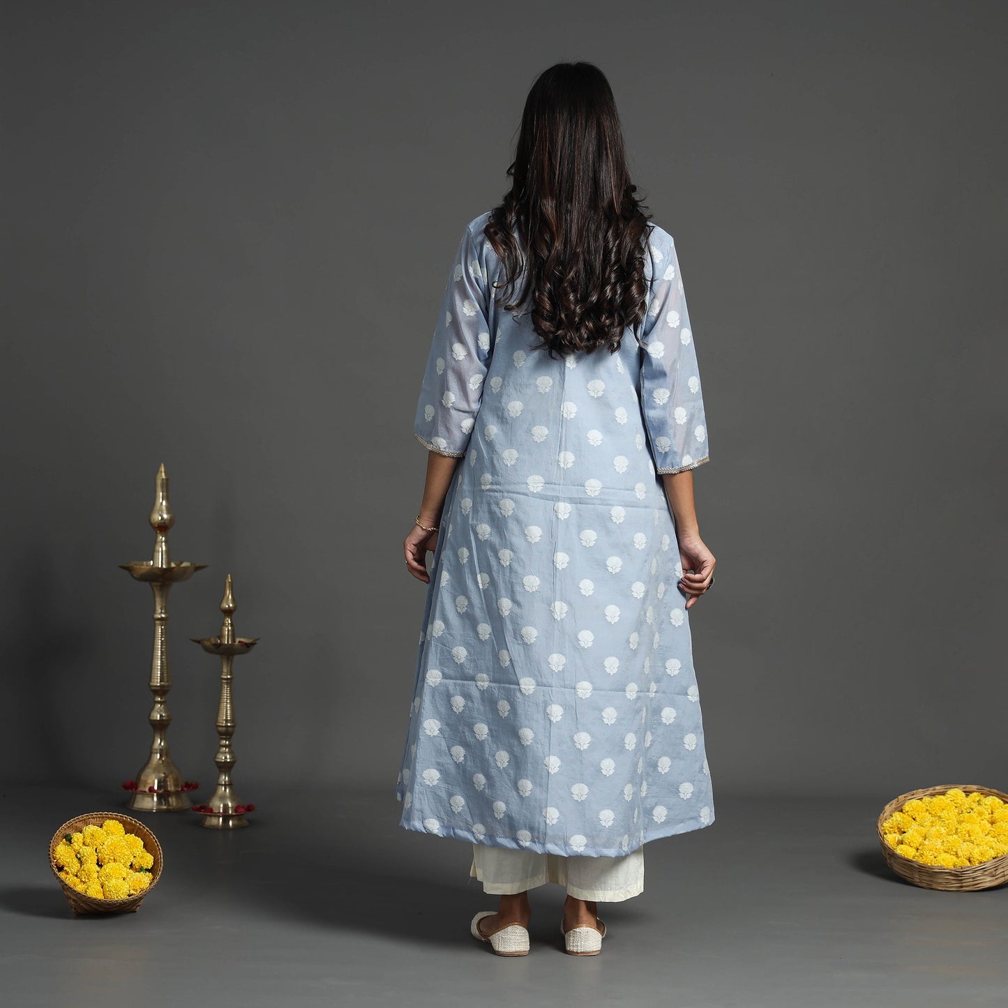 Blue Handwoven Cutwork Cotton Banarasi Kurta