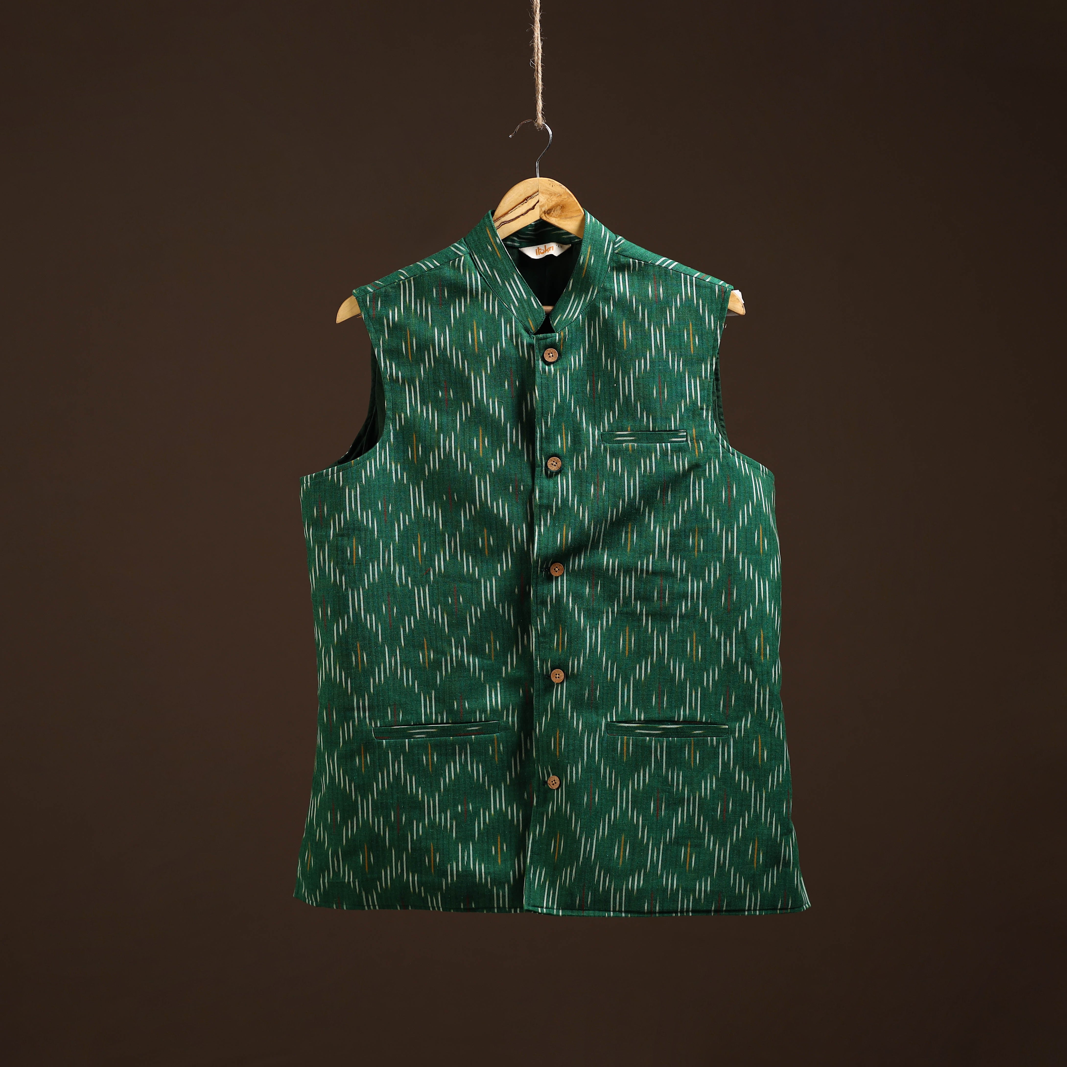 Brown - Pochampally Ikat Cotton Men Nehru Jacket