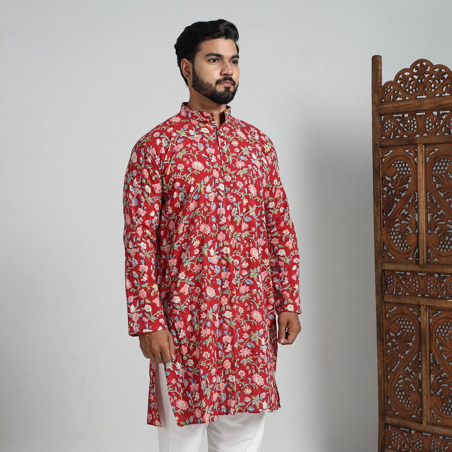 Cotton sanganeri kurta for men (long) 08 - handcrafted