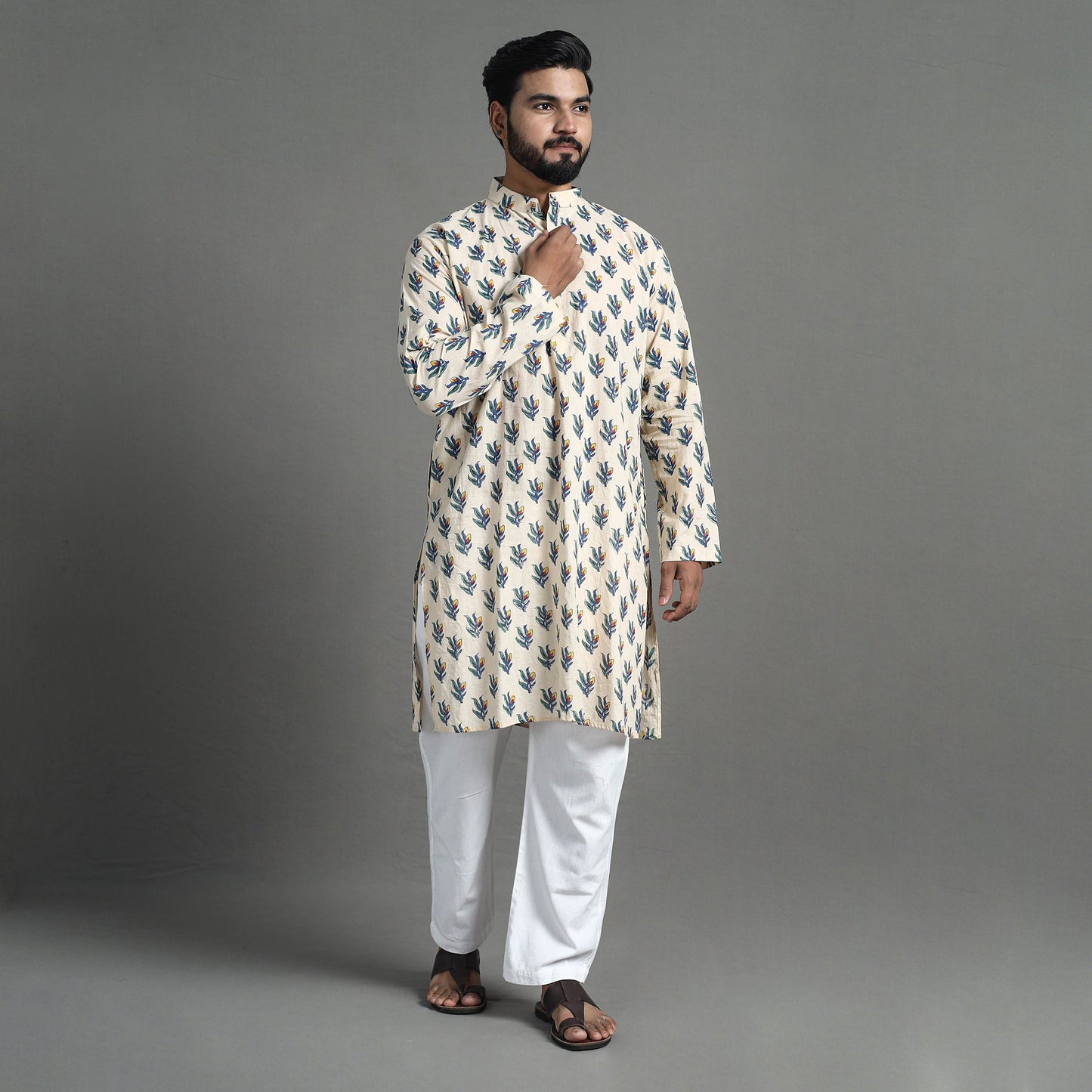 Cotton sanganeri kurta for men (long) 13 - handcrafted