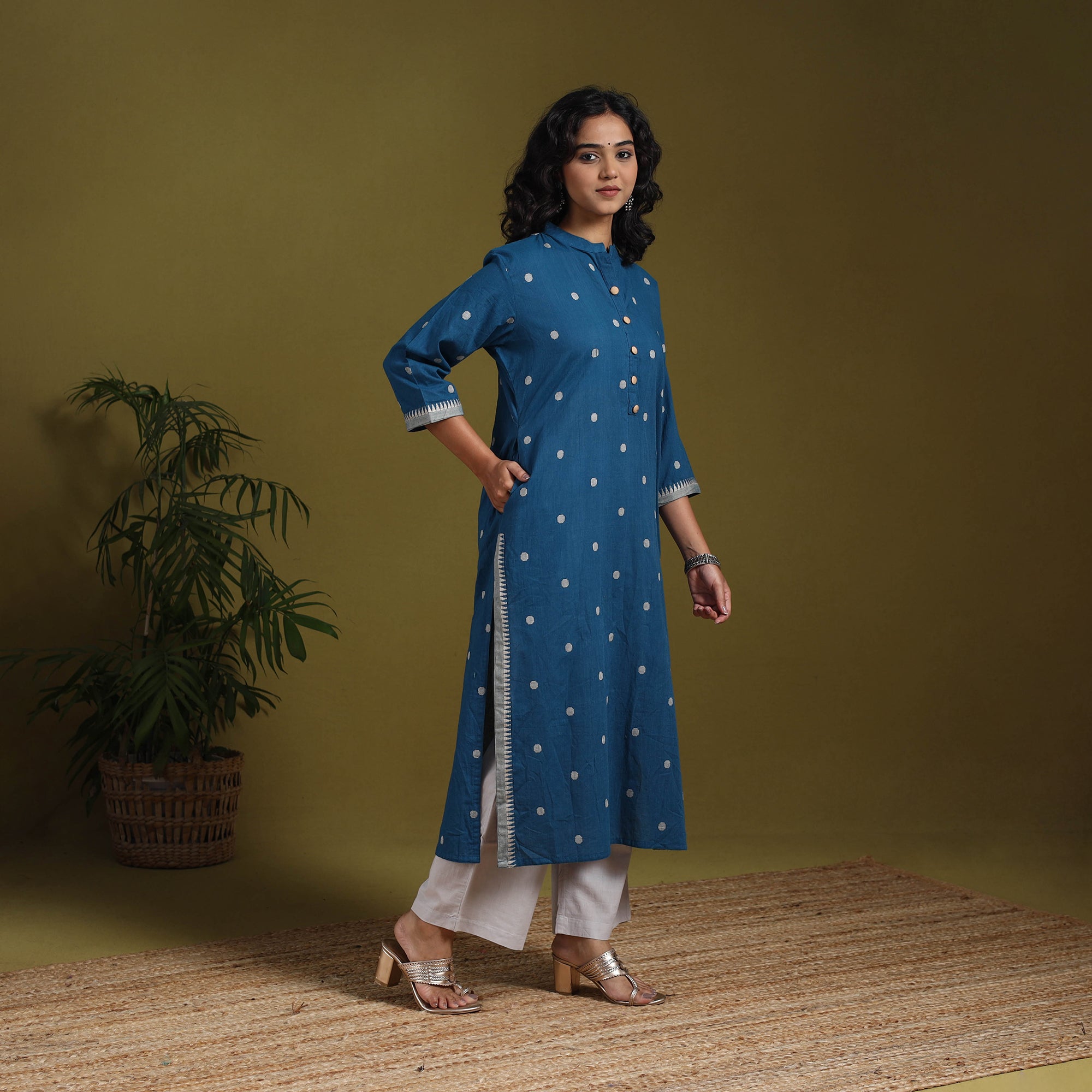 Blue - Cotton Straight Jacquard Long Kurta 04