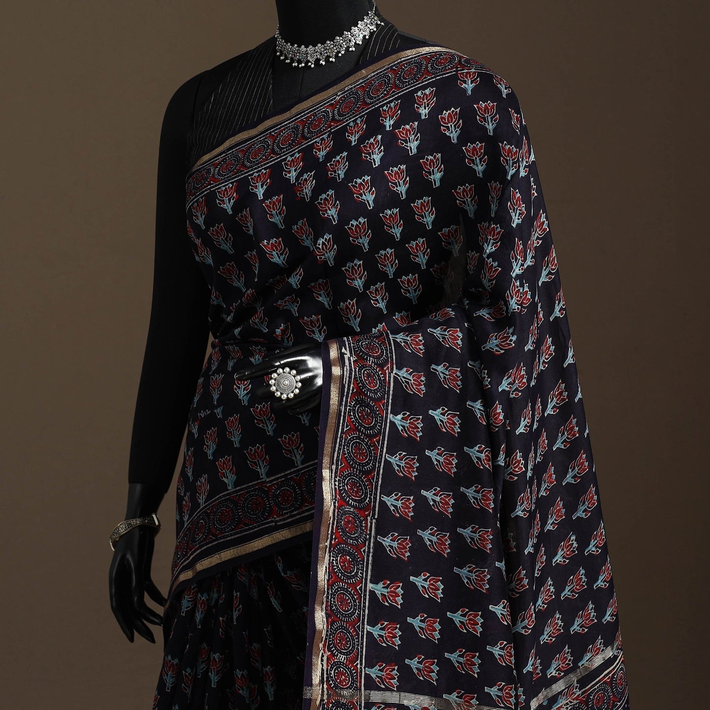 Chanderi silk hand bagru saree with zari border 08