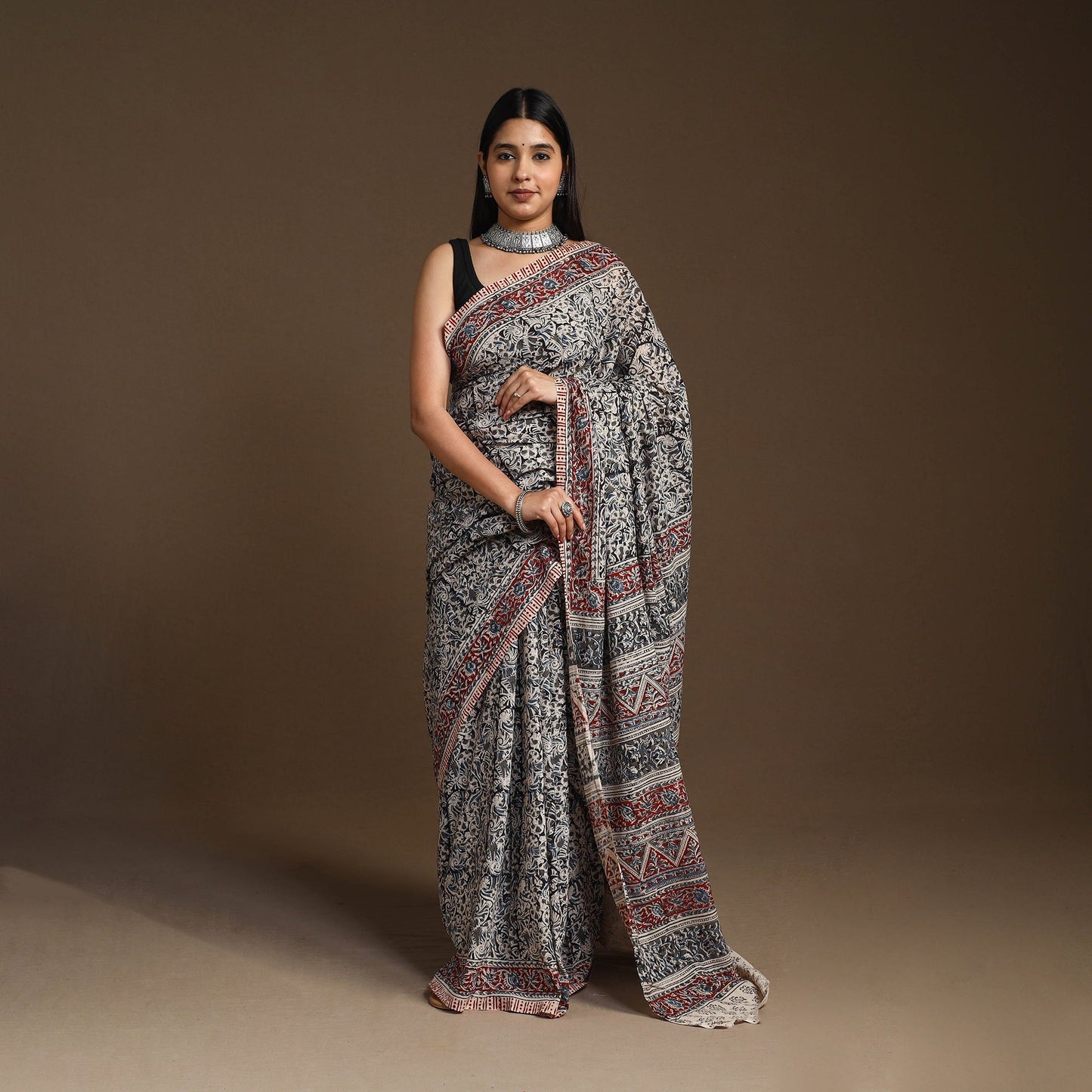 Black Pedana Block Print Cotton Kalamkari Saree