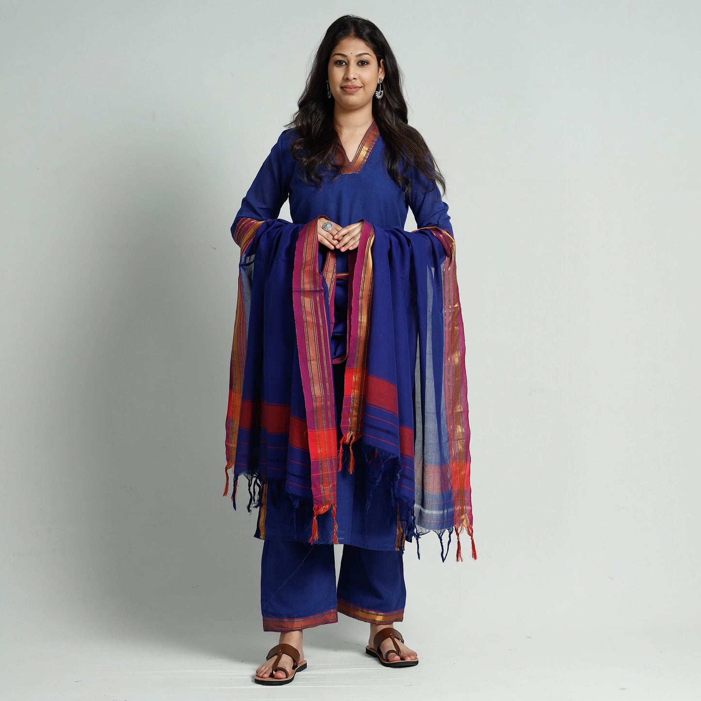 Dark blue dharwad cotton kurta with palazzo & dupatta set