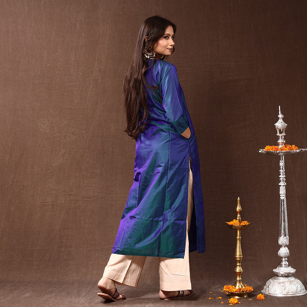 Buy Dark Blue Gota Work Pure Silk Plain Long Kurti for Women
