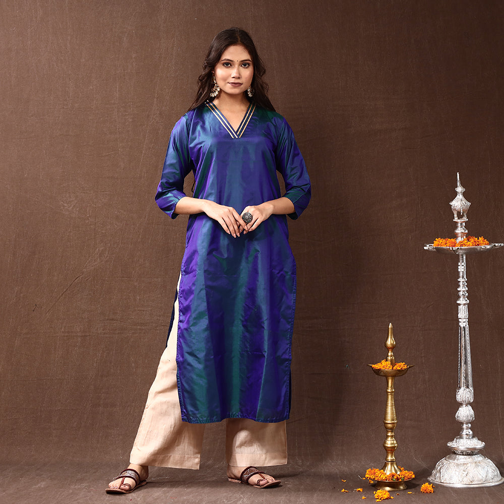 Buy Dark Blue Gota Work Pure Silk Plain Long Kurti for Women