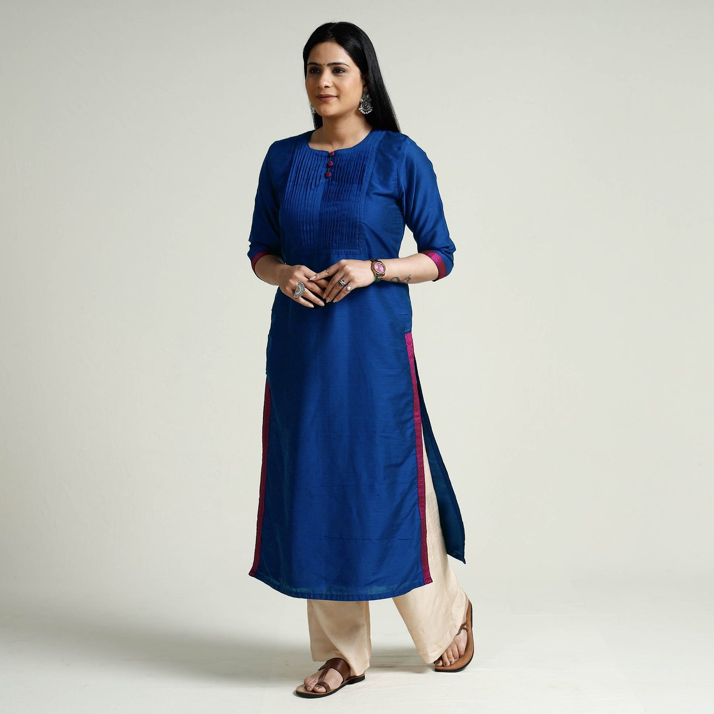 Plain Silk Pintuck Long Kurta for Women