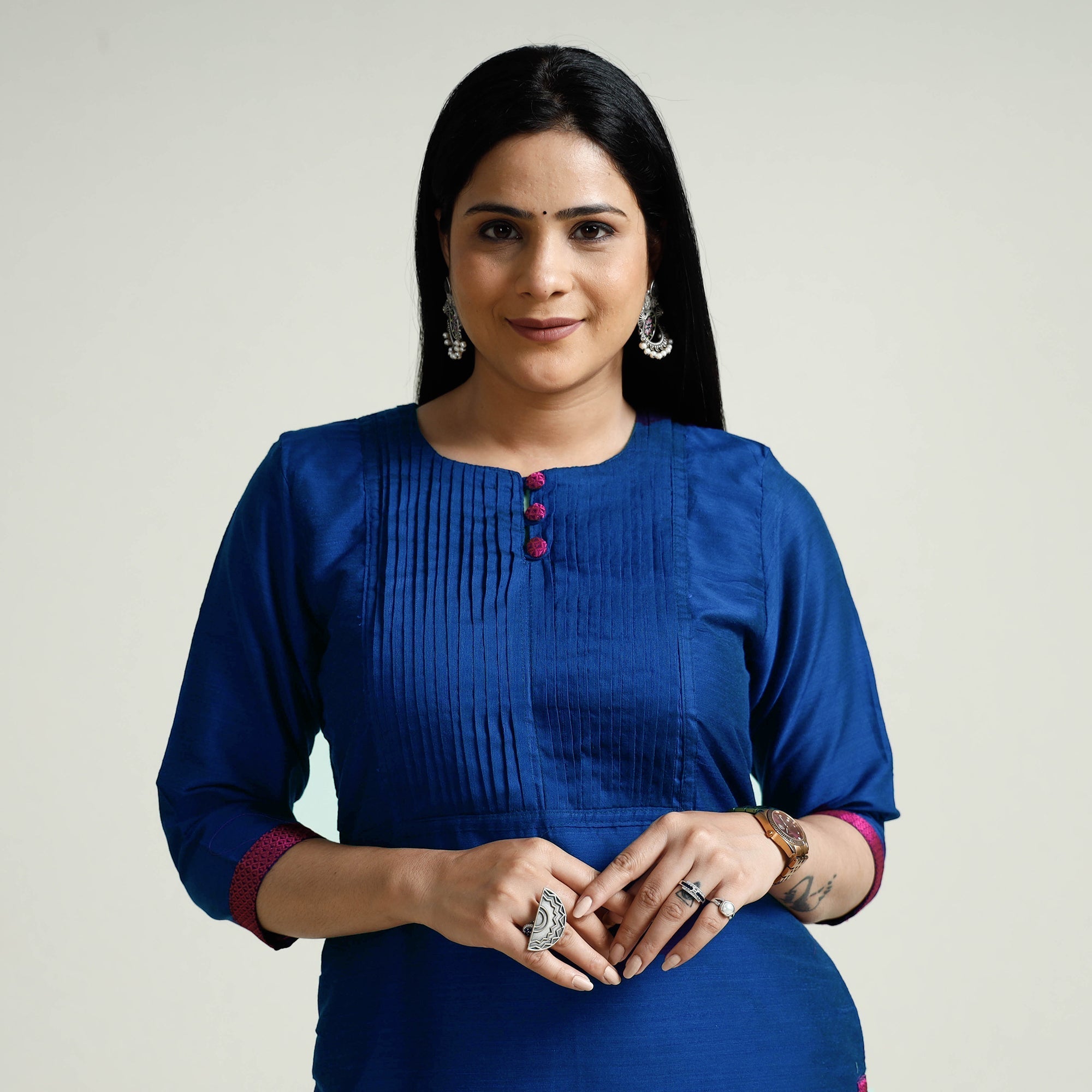 Dark Blue - Plain Slub Silk Pintuck Long Straight Kurta