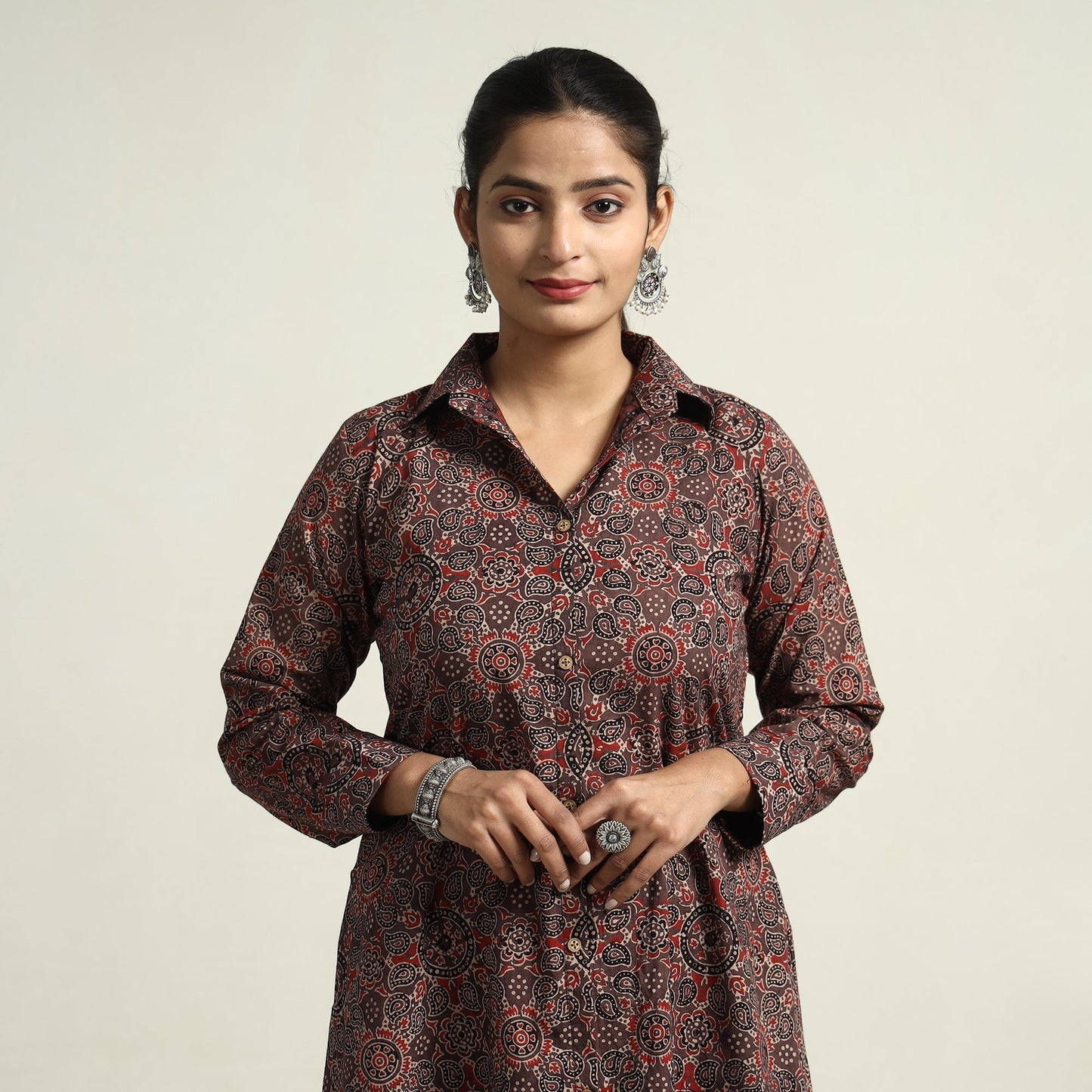 Brown - Hand Block Print Cotton Ajrakh Dress