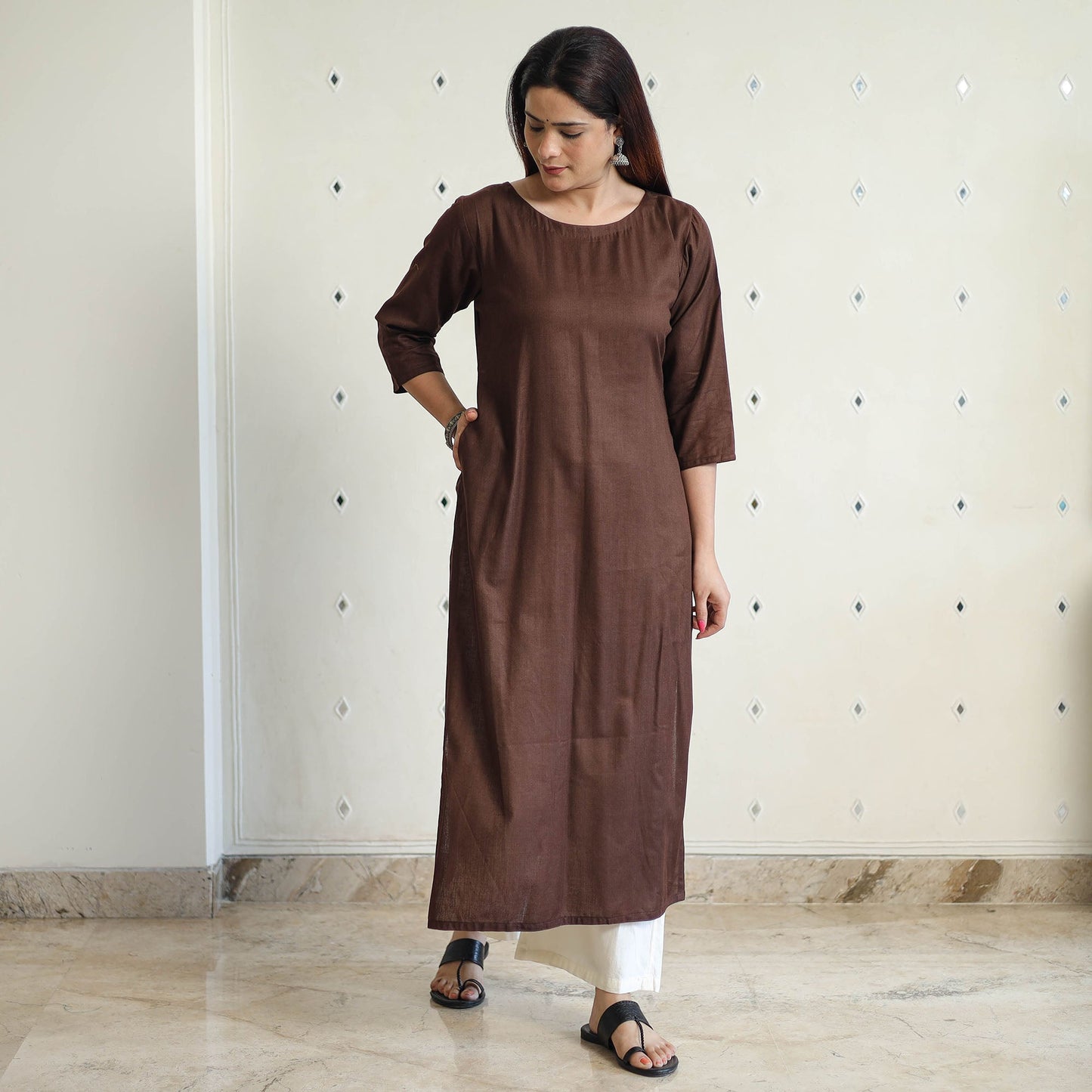 Dark brown - linen viscose plain long straight kurta 44