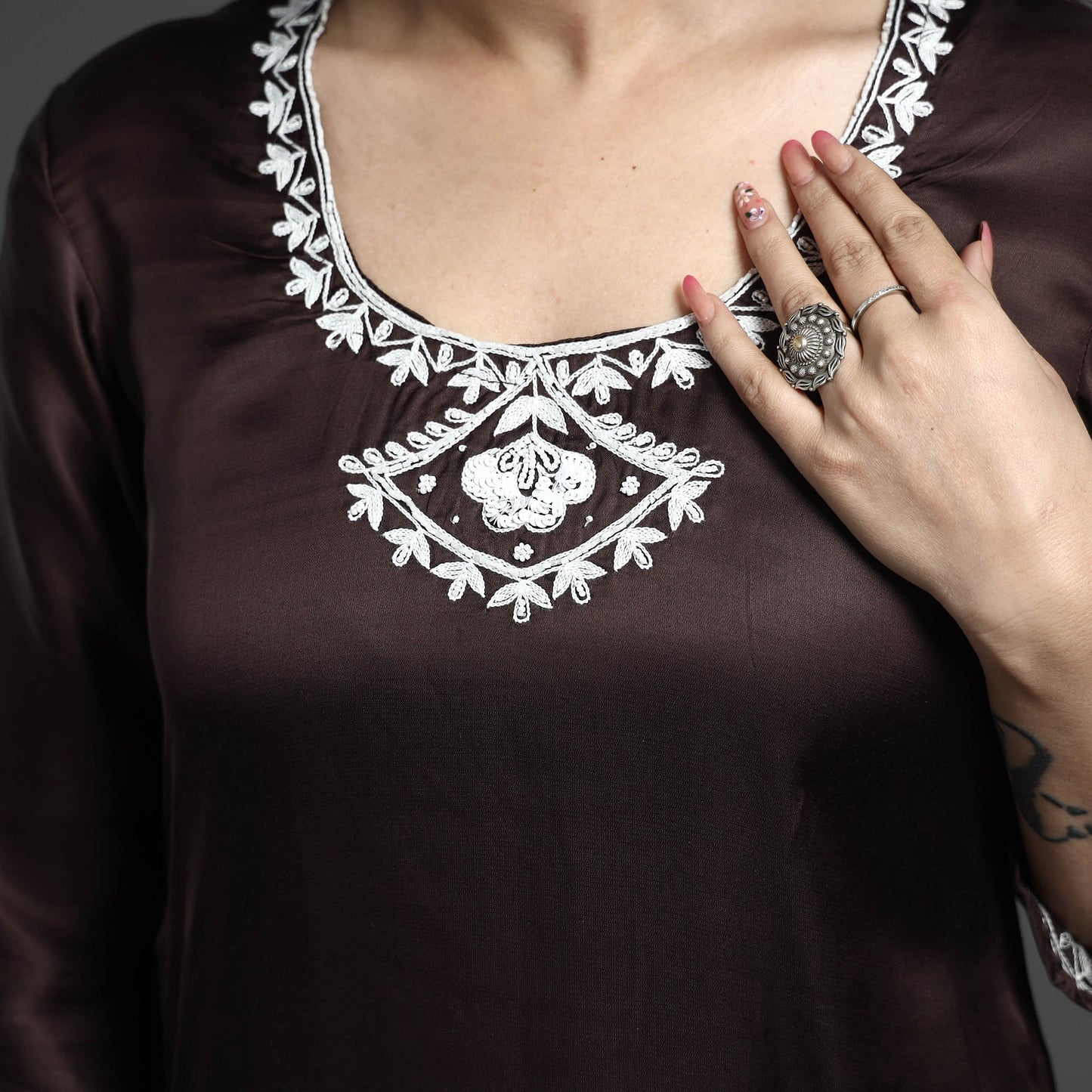 Buy Navy Blue Modal Silk Hand Embroidered Long Kurta l iTokri.com