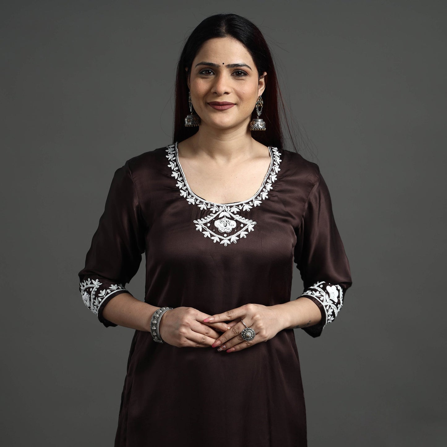 Buy Navy Blue Modal Silk Hand Embroidered Long Kurta l iTokri.com