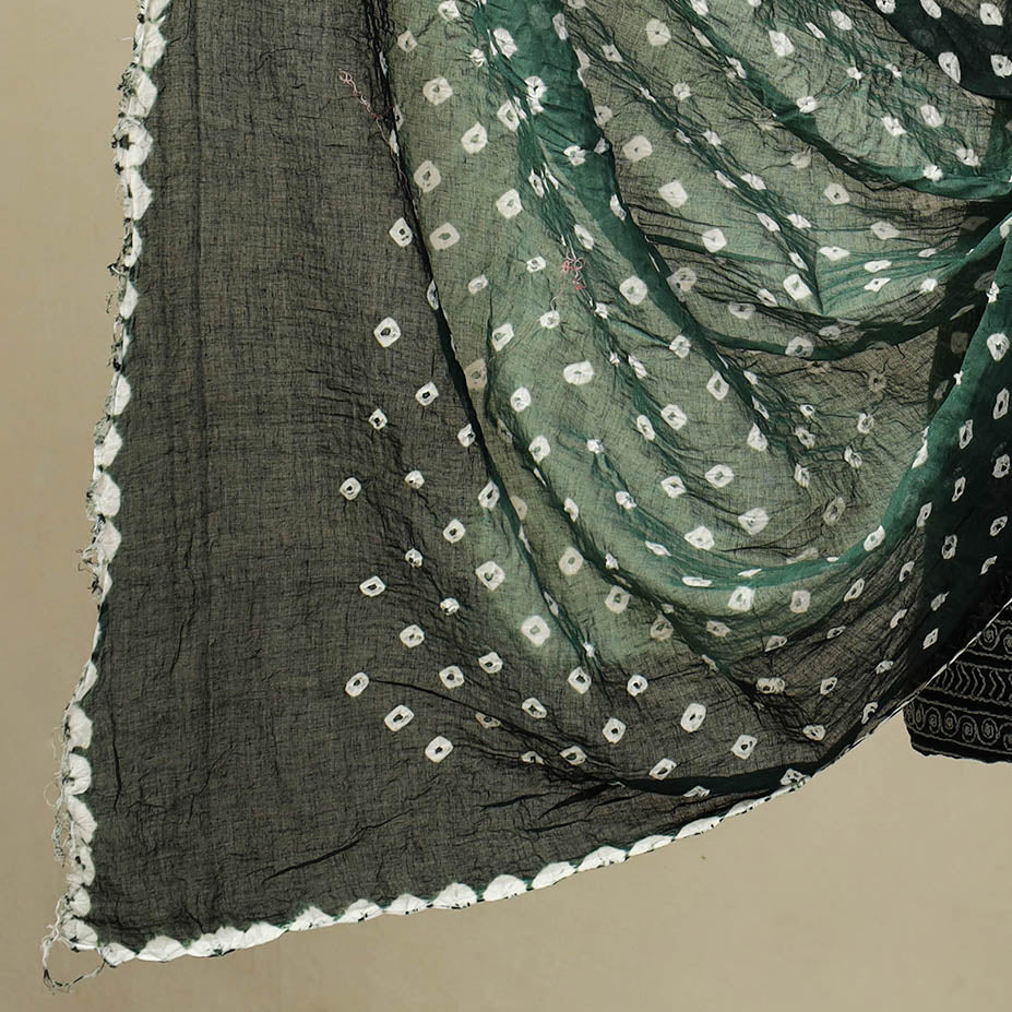 Buy Dark Green 3pc Tie & Dye Satin Cotton Bandhani Dress Material