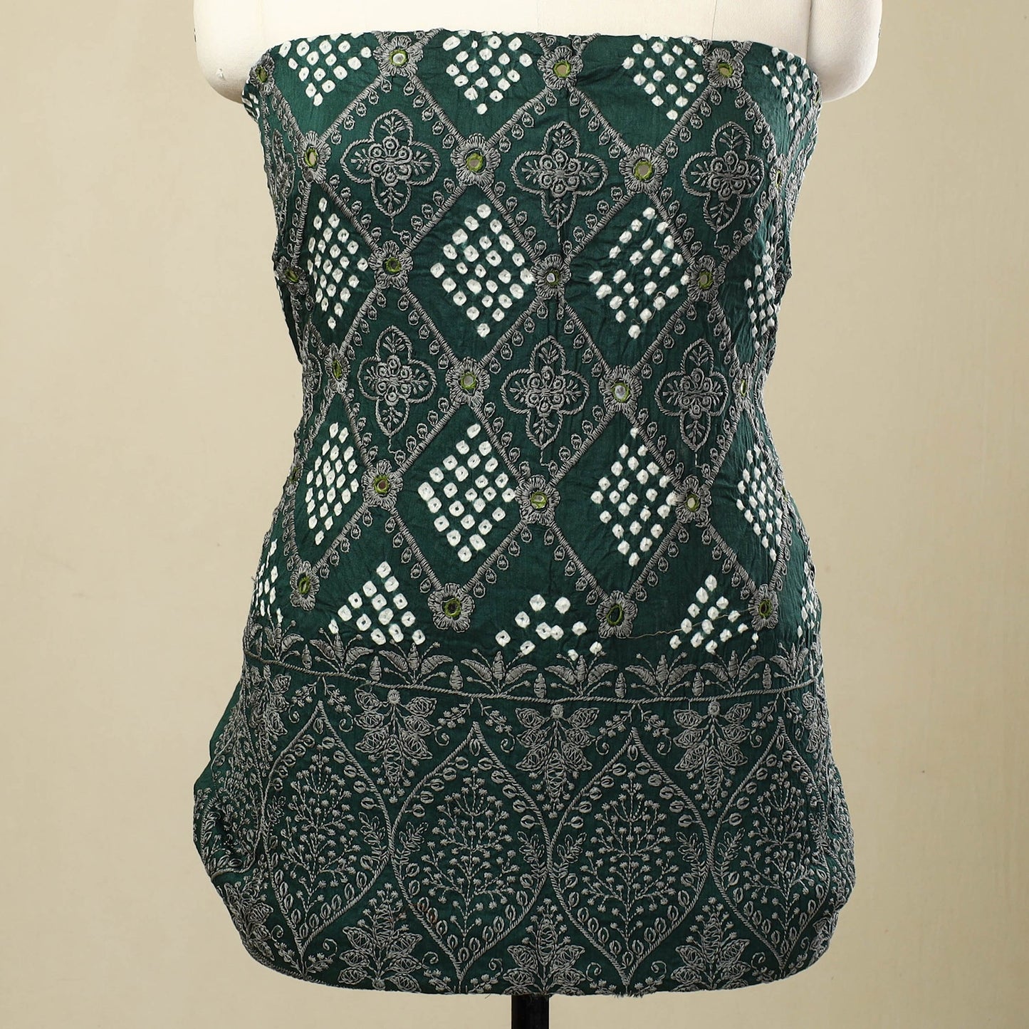 Dark Green 3pc Tie & Dye Satin Cotton Bandhani Dress Material