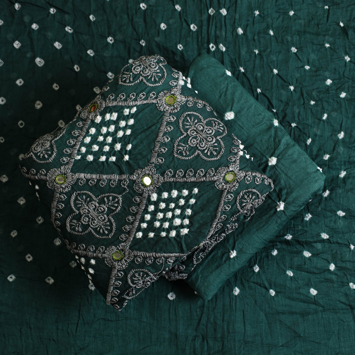 Dark Green 3pc Tie & Dye Satin Cotton Bandhani Dress Material
