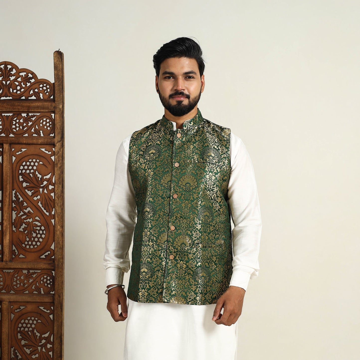 Buy Brocade Silk Dark Green Banarasi Nehru Jacket