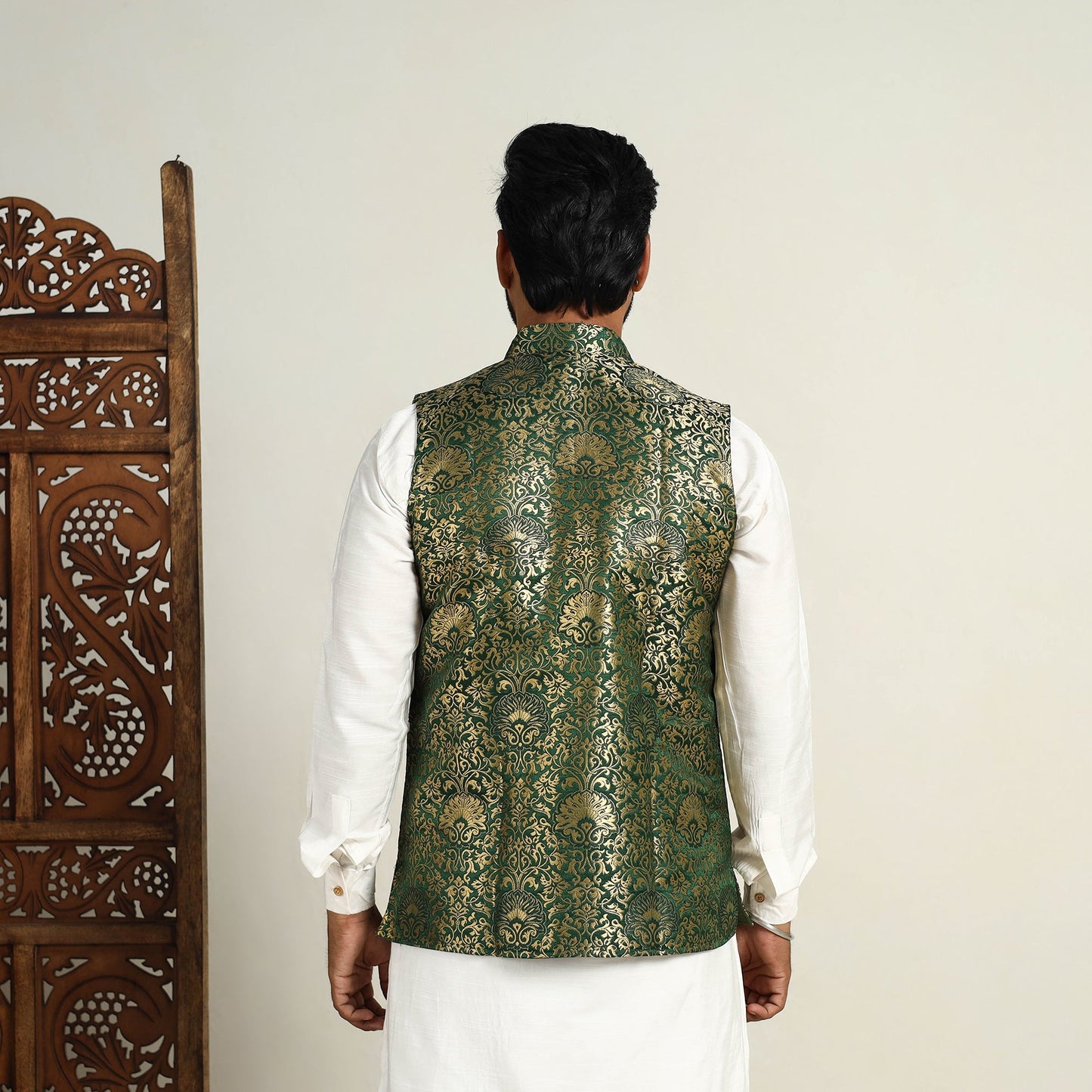 Buy Brocade Silk Dark Green Banarasi Nehru Jacket