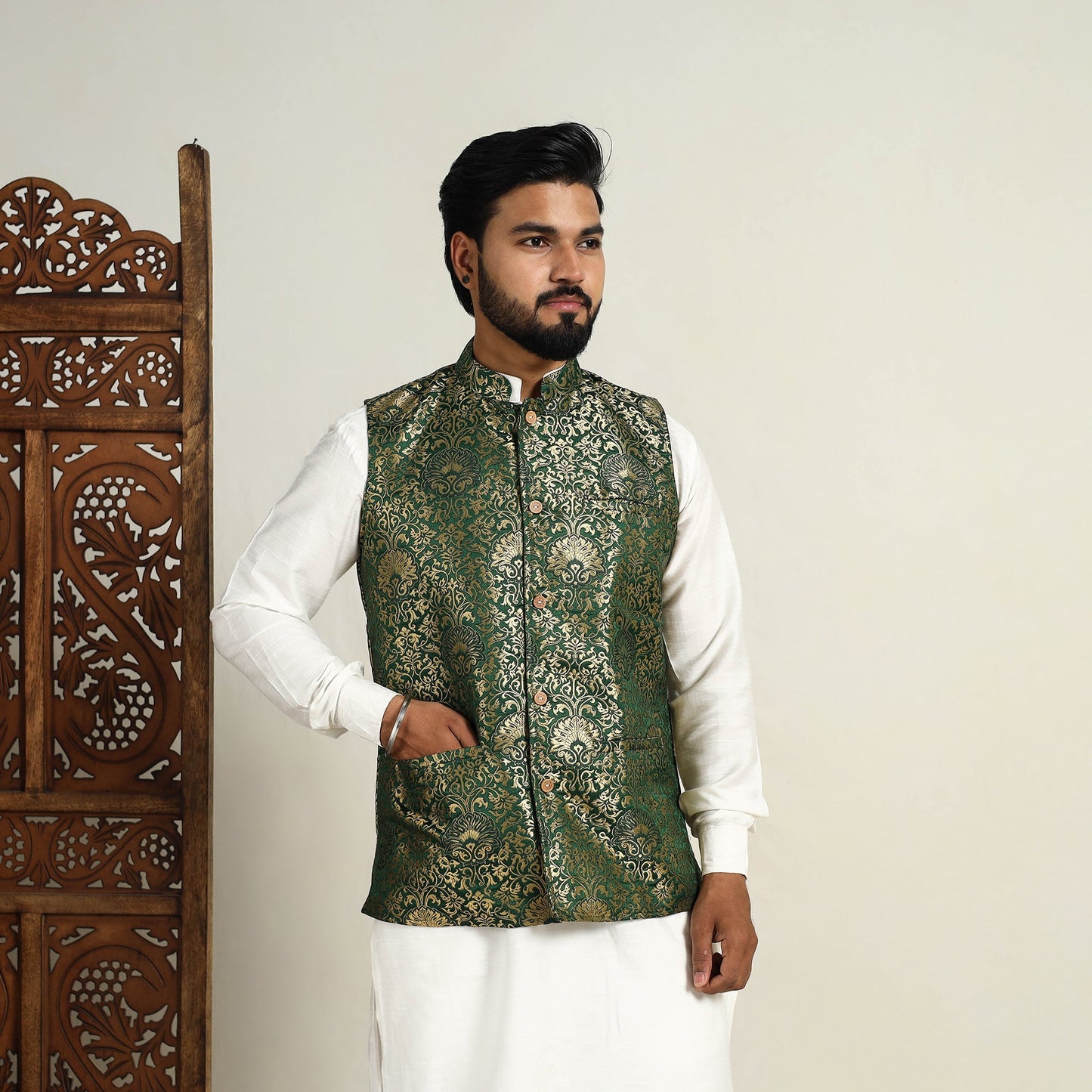 Buy Brocade Silk Dark Green Banarasi Nehru Jacket