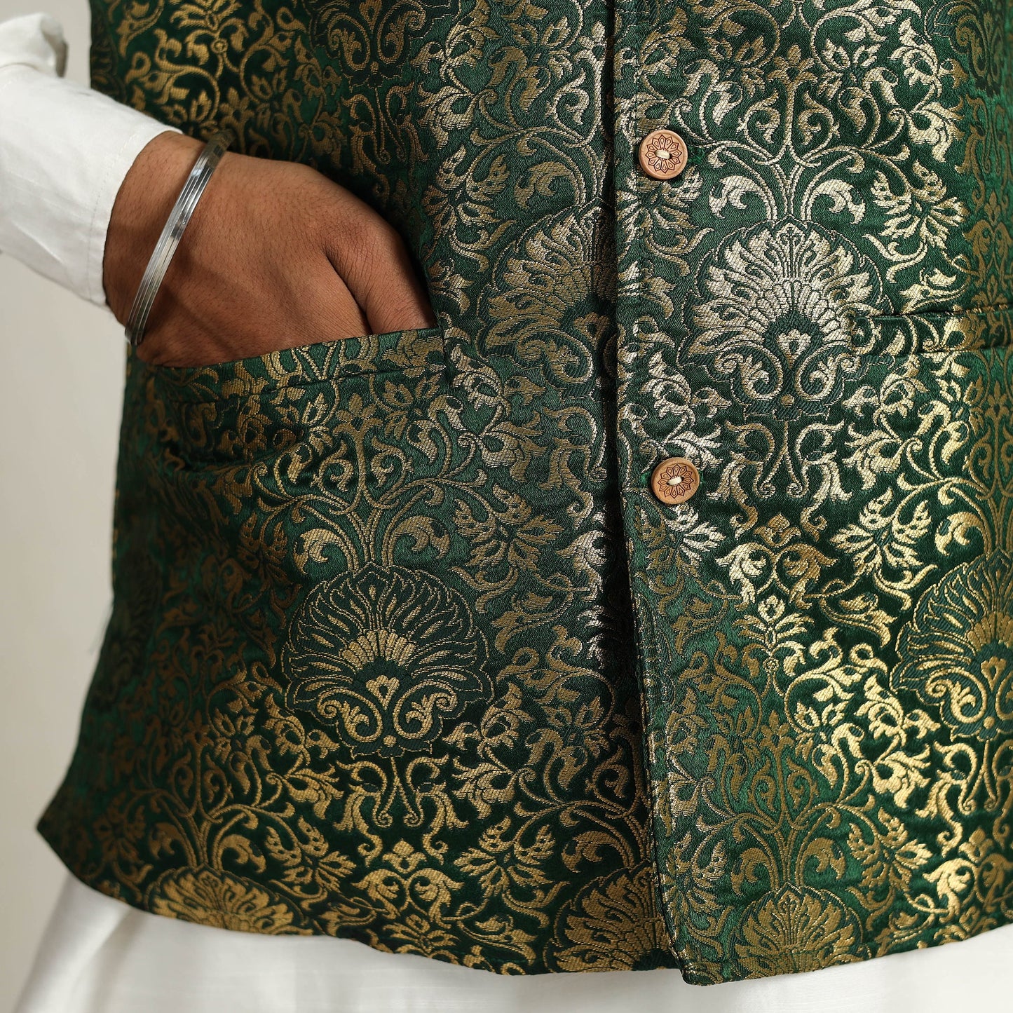 Buy Brocade Silk Dark Green Banarasi Nehru Jacket